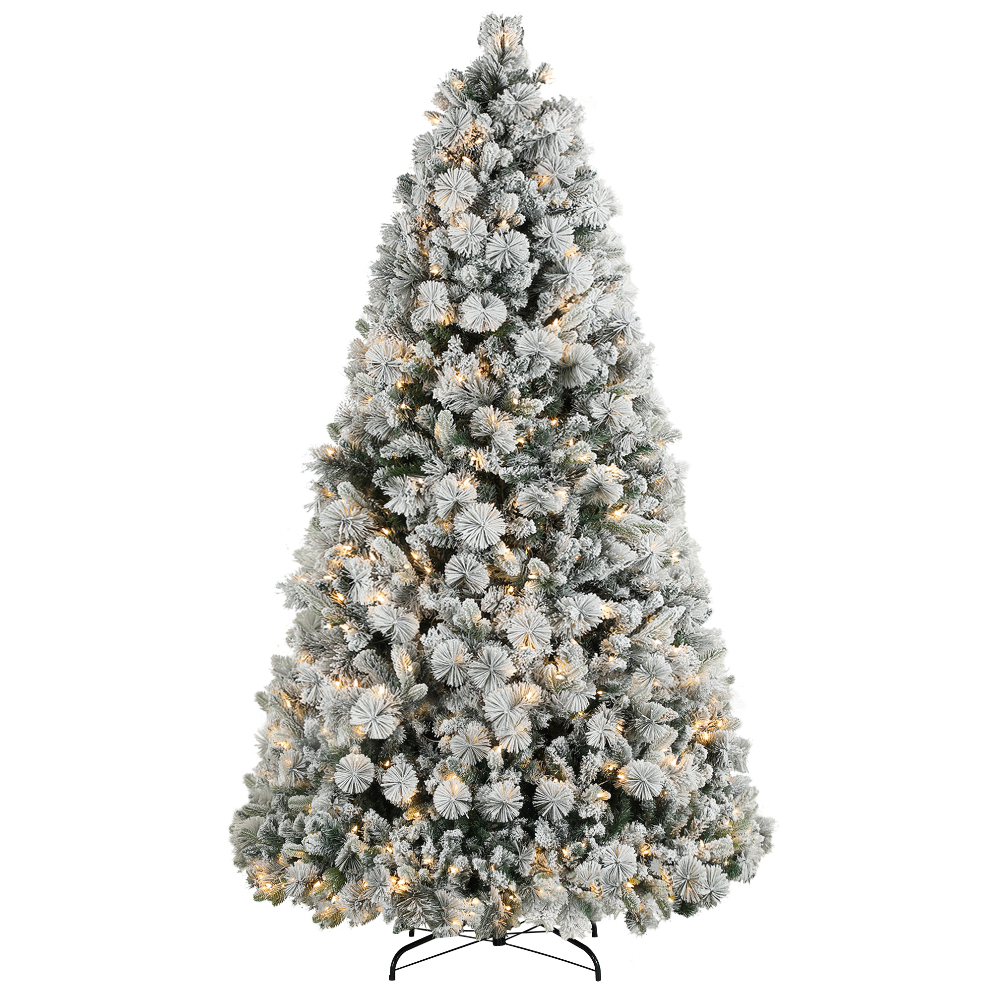 HOMCOM 7.5 ft Prelit Flocked Artificial Christmas Tree with 500 Clear Lights, 1530 Tips, Metal Stand for Home Office Holiday