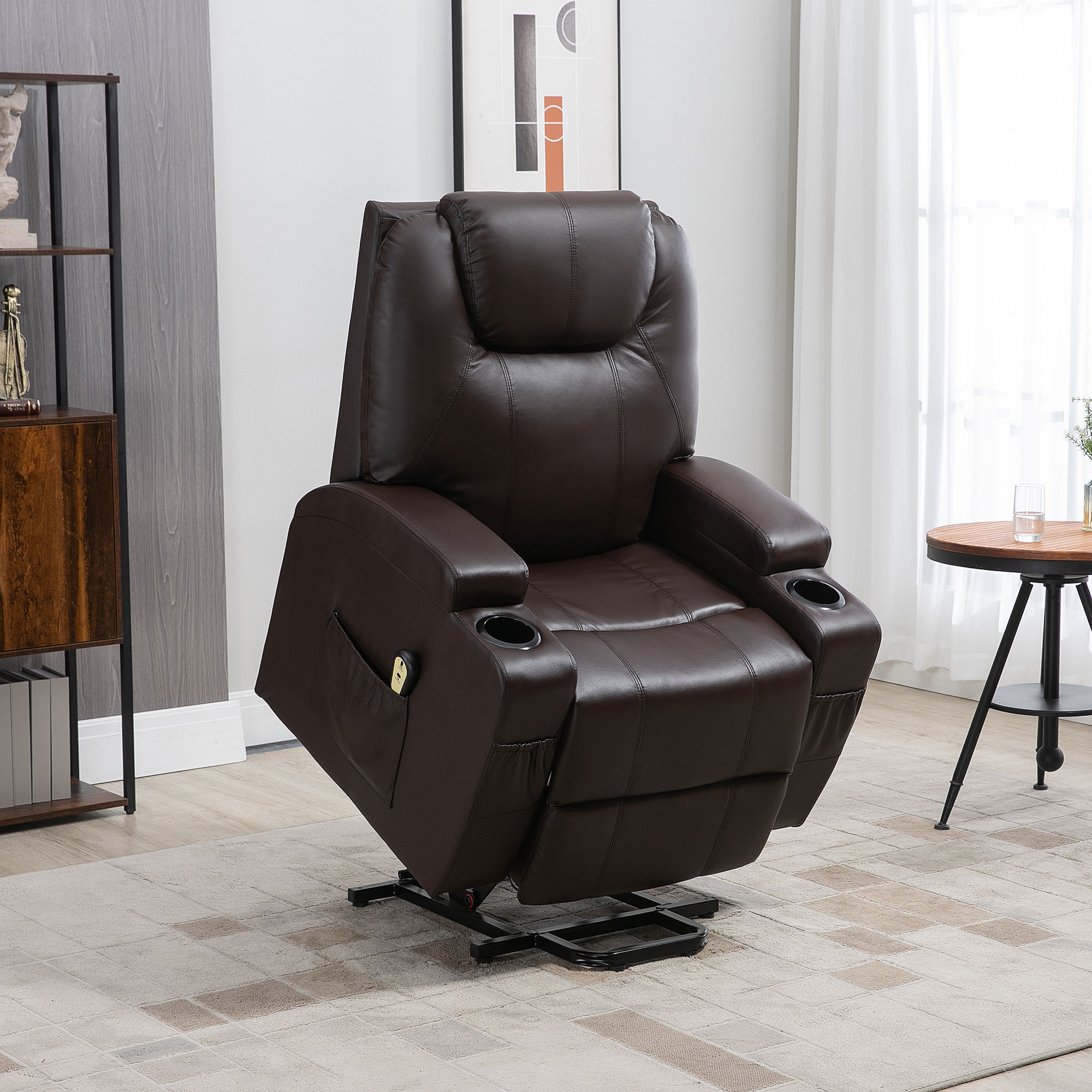 HOMCOM Power Lift Chair for Elderly, PU Leather Recliner Sofa Chair with Footrest, Remote Control, Side Pockets and Cup Holders, Brown | Aosom Canada