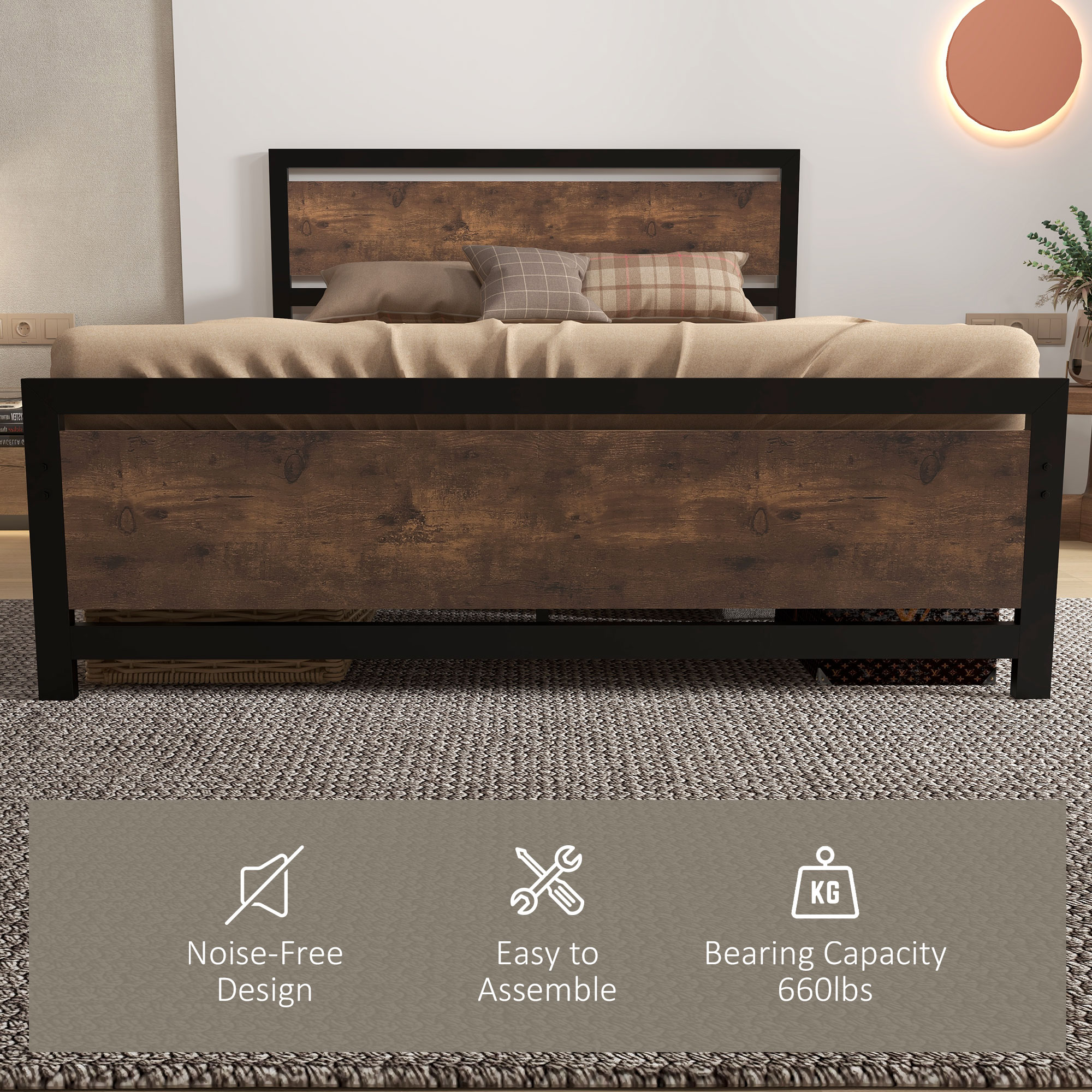 HOMCOM Full Twin Size Metal Bed Frame w/Headboard Footboard Strong Slat Support Underbed Storage | Aosom.com 4