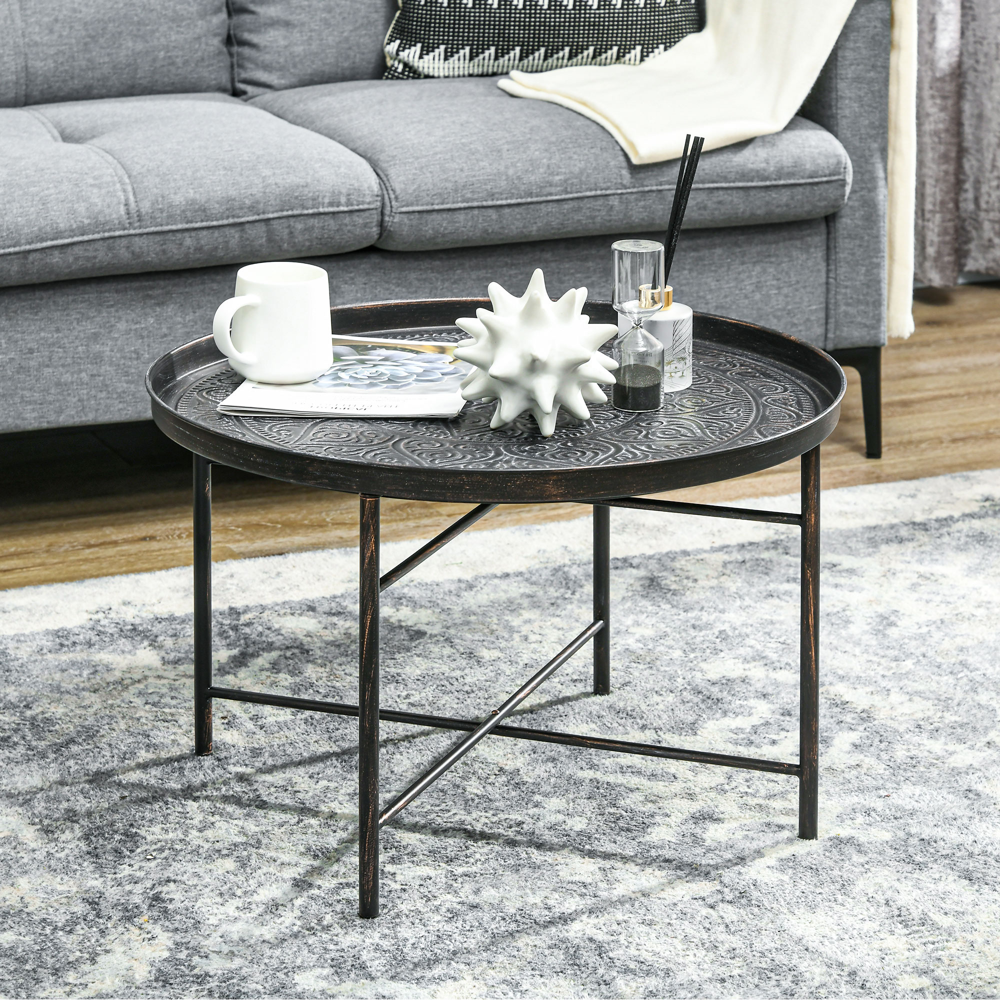 HOMCOM Cafe Table for Living Room, 24" Round Center Table with Hammered Tray Top and Metal Frame for Bedroom, Pewter 0