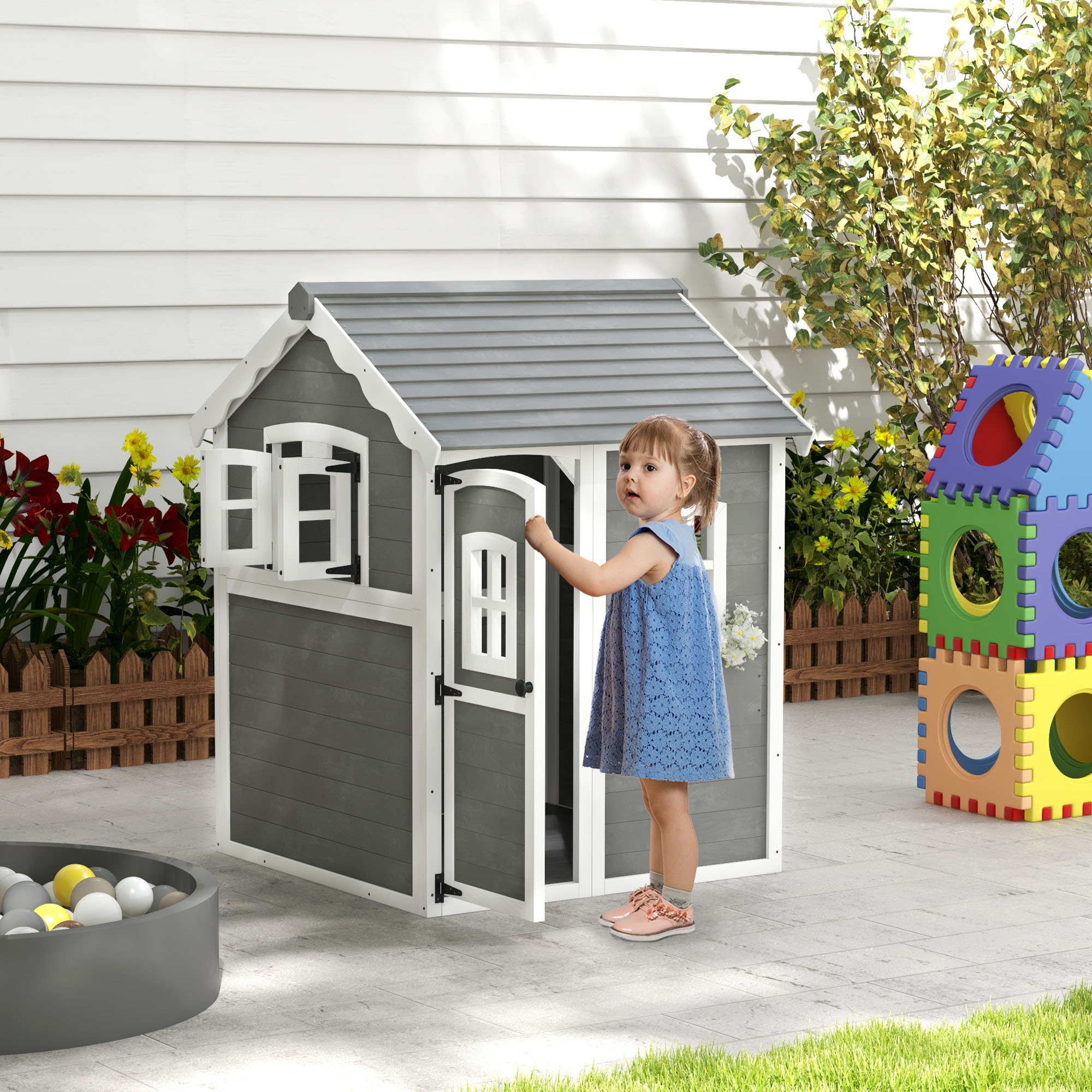 Outsunny Wooden Playhouse for Kids Outdoor with Floors, Doors