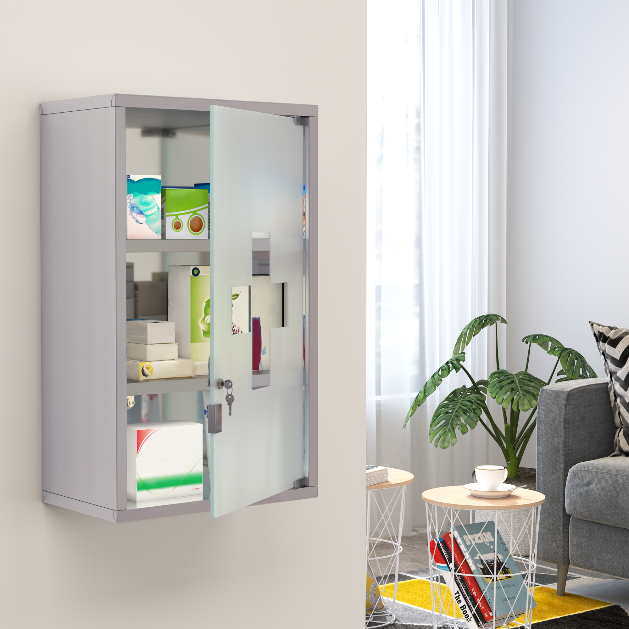 HOMCOM Medicine Cabinet Lockable 12"x20", Stainless Steel, 3 Tier with Shelves for Bathroom Storage | Aosom.com 7