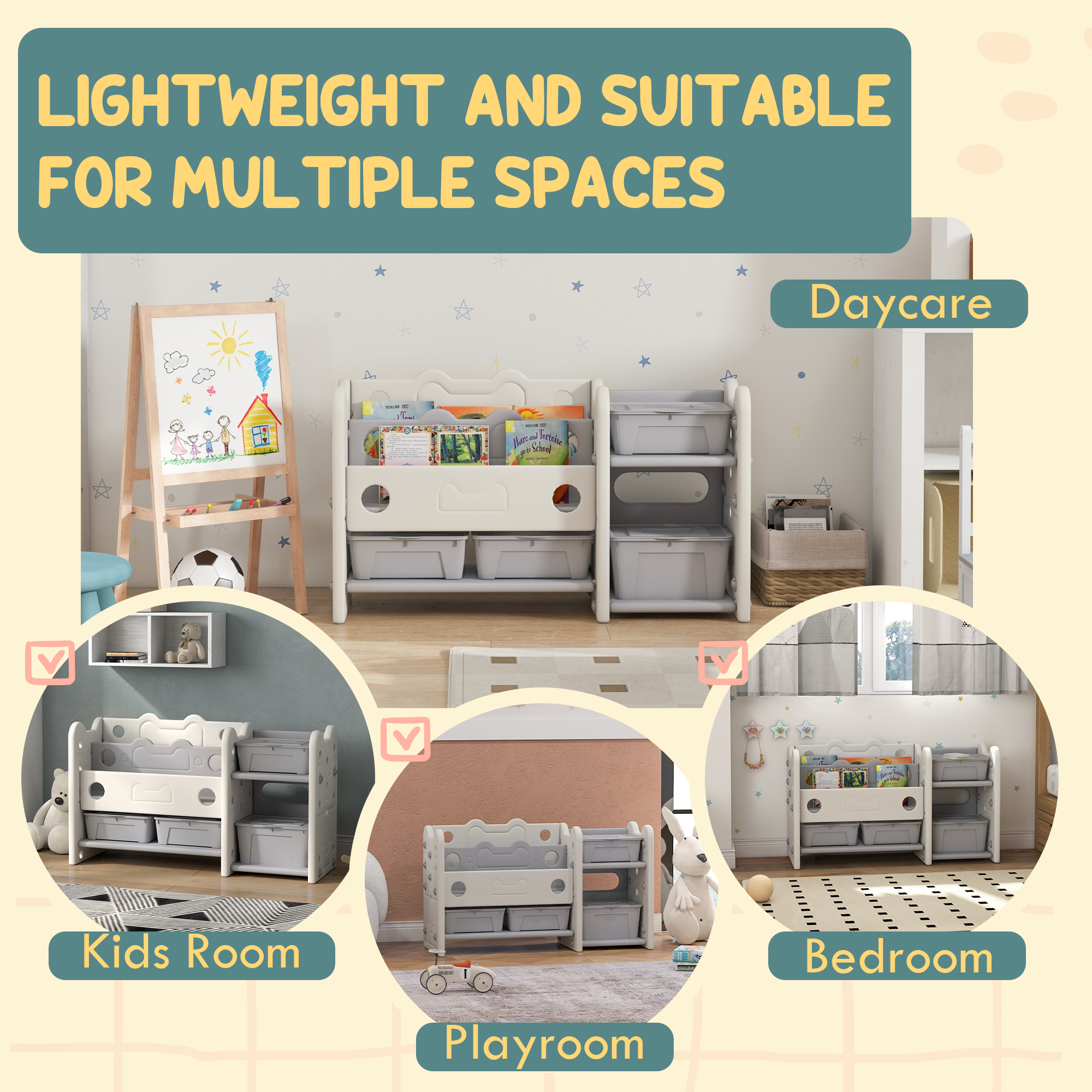 Qaba 2 Tier Kids Toy Storage Organizer, Cream White with 4 Storage Boxes, Bookshelves for Nursery, Playroom | Aosom.com 4
