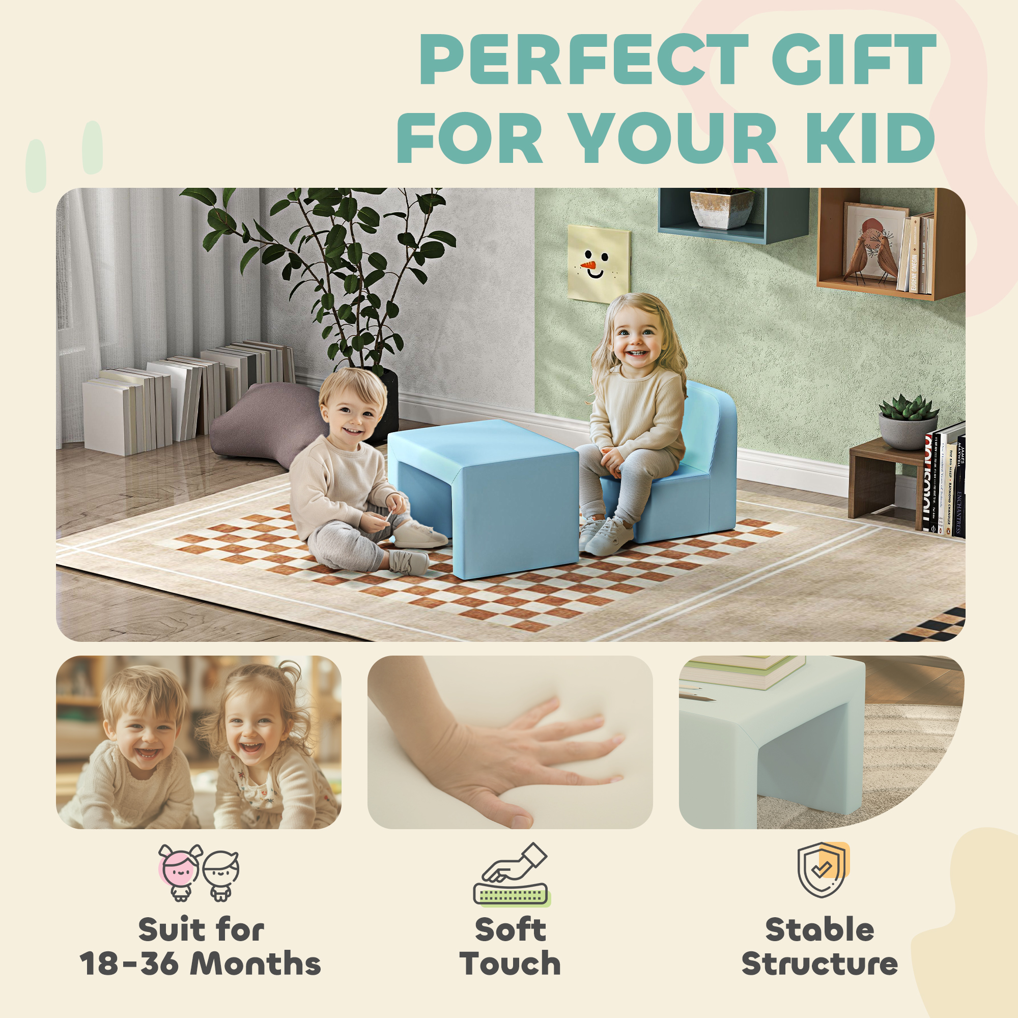 Qaba 2-in-1 Multifunctional Convertible Children Table and Chair Set, Kids Sofa with Extra Thick and Soft Padding, Light Blue | Aosom.com 4