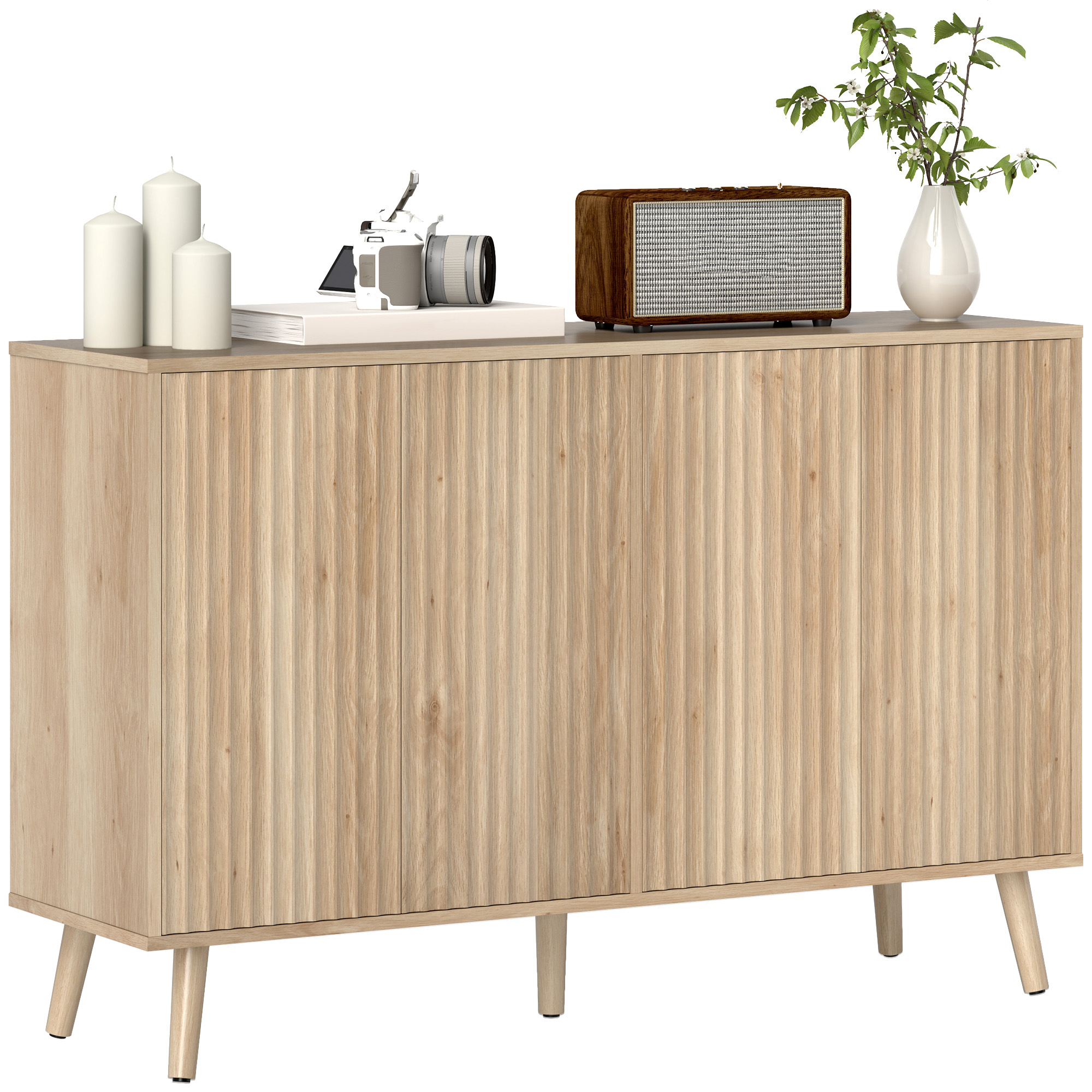Buffet Organizer Unit with Organizer Modern Fluted Sideboard with Adjustable-Height Shelves Wood Legs for Meal Room Living Room Oak 1