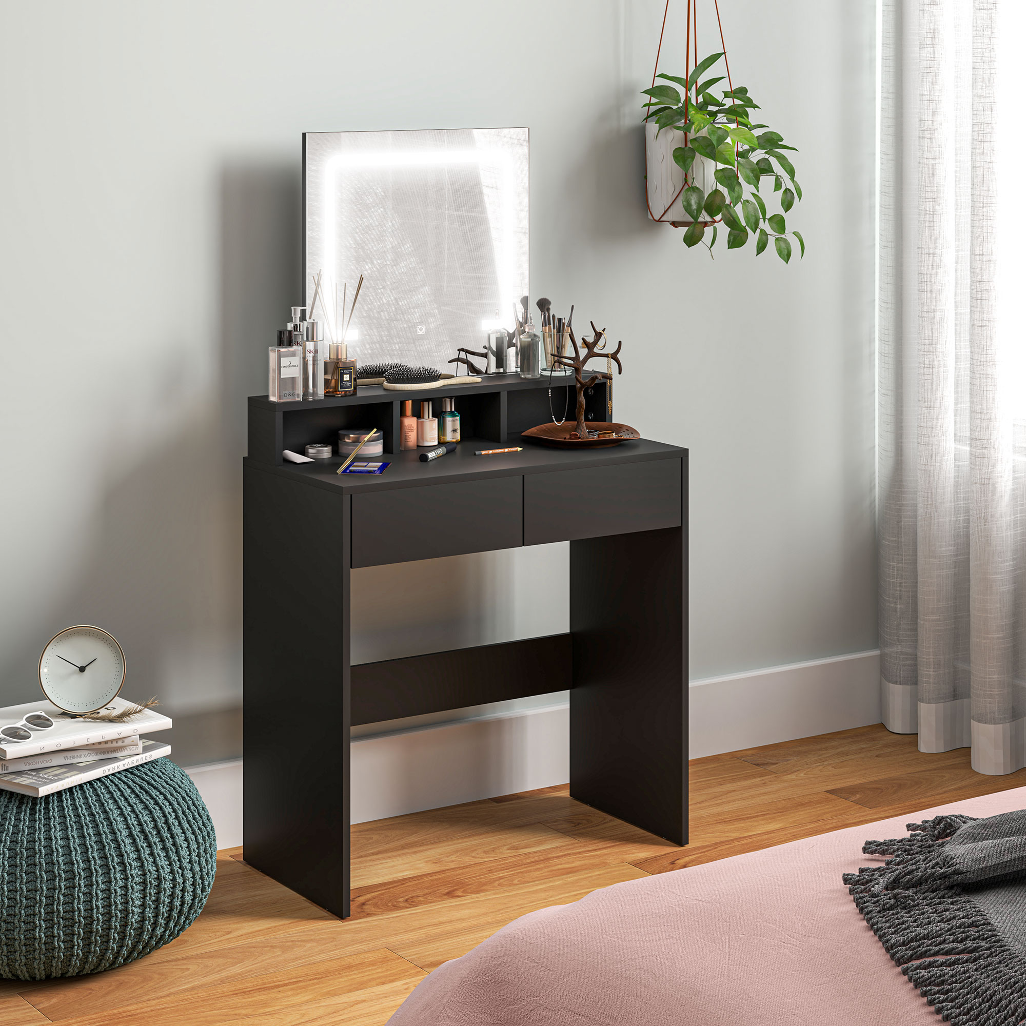 HOMCOM Makeup Vanity Desk with Mirror and LED Lights, for Bedroom, Modern Dressing Table with Drawers, Compartments, Black Aosom Canada
