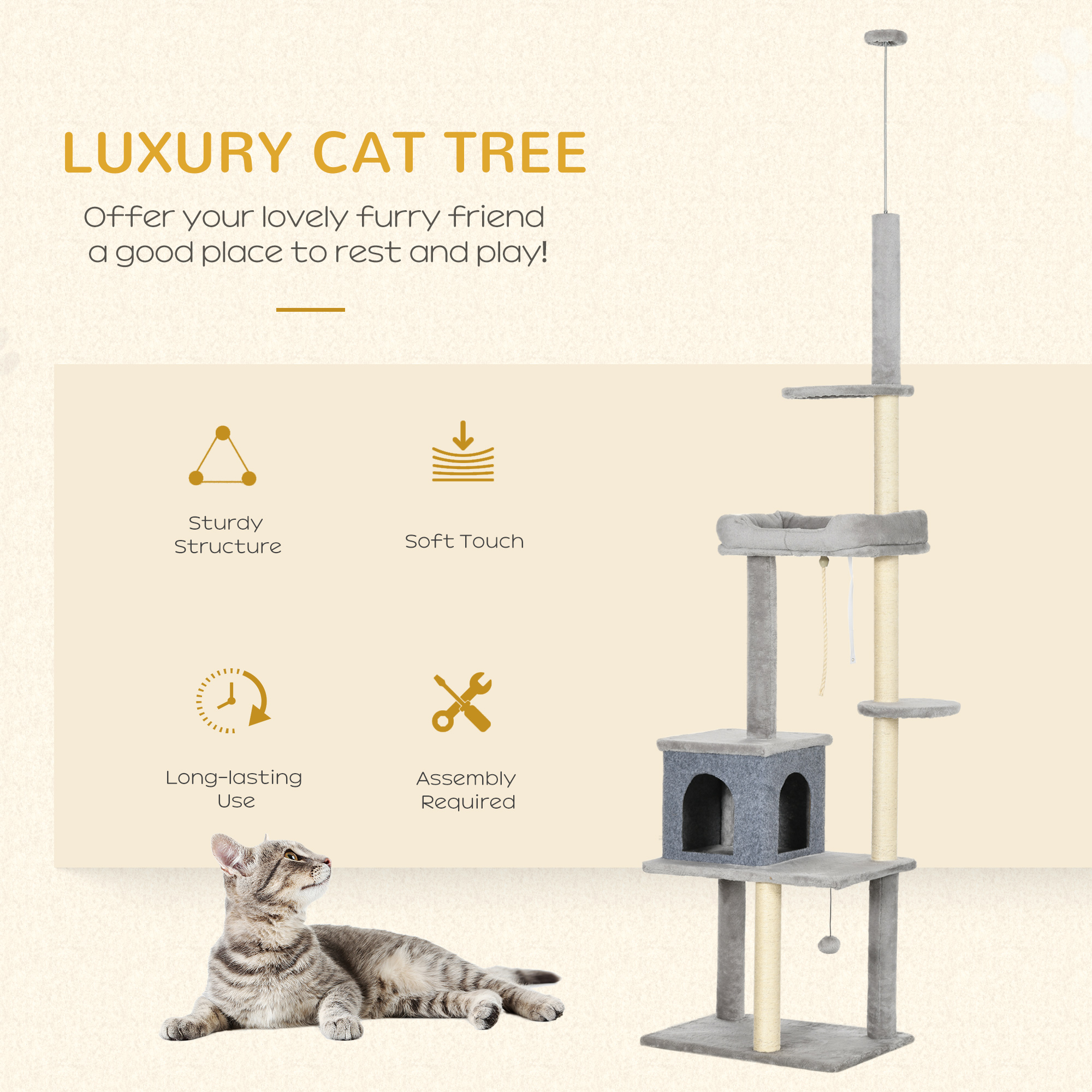 PawHut Floor to Ceiling Cat Tree Kitty Climbing Tower Height