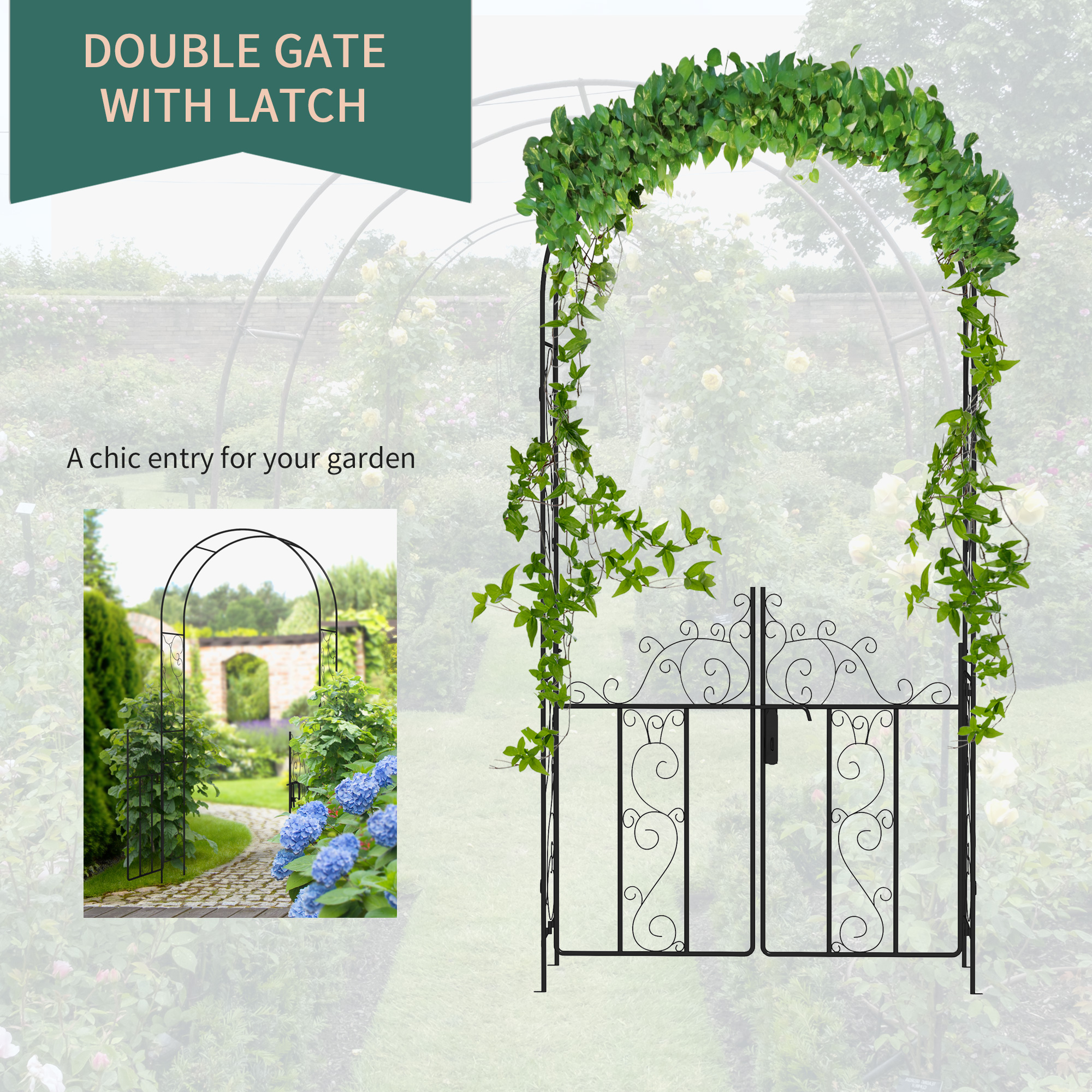 Outsunny Metal Garden Arch with Gate, Garden Arbor Trellis for Climbing ...