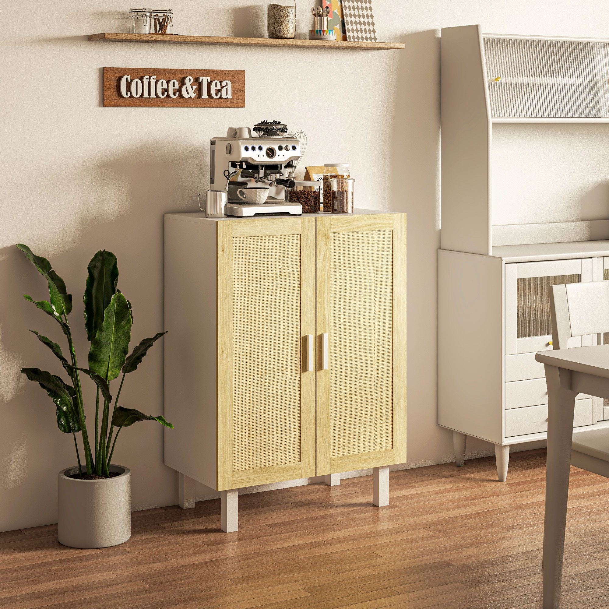 HOMCOM Boho Kitchen Cabinet, Buffet Cabinet with 2 Rattan Doors and Adjustable Shelves for Dining Room, White and Natural 6