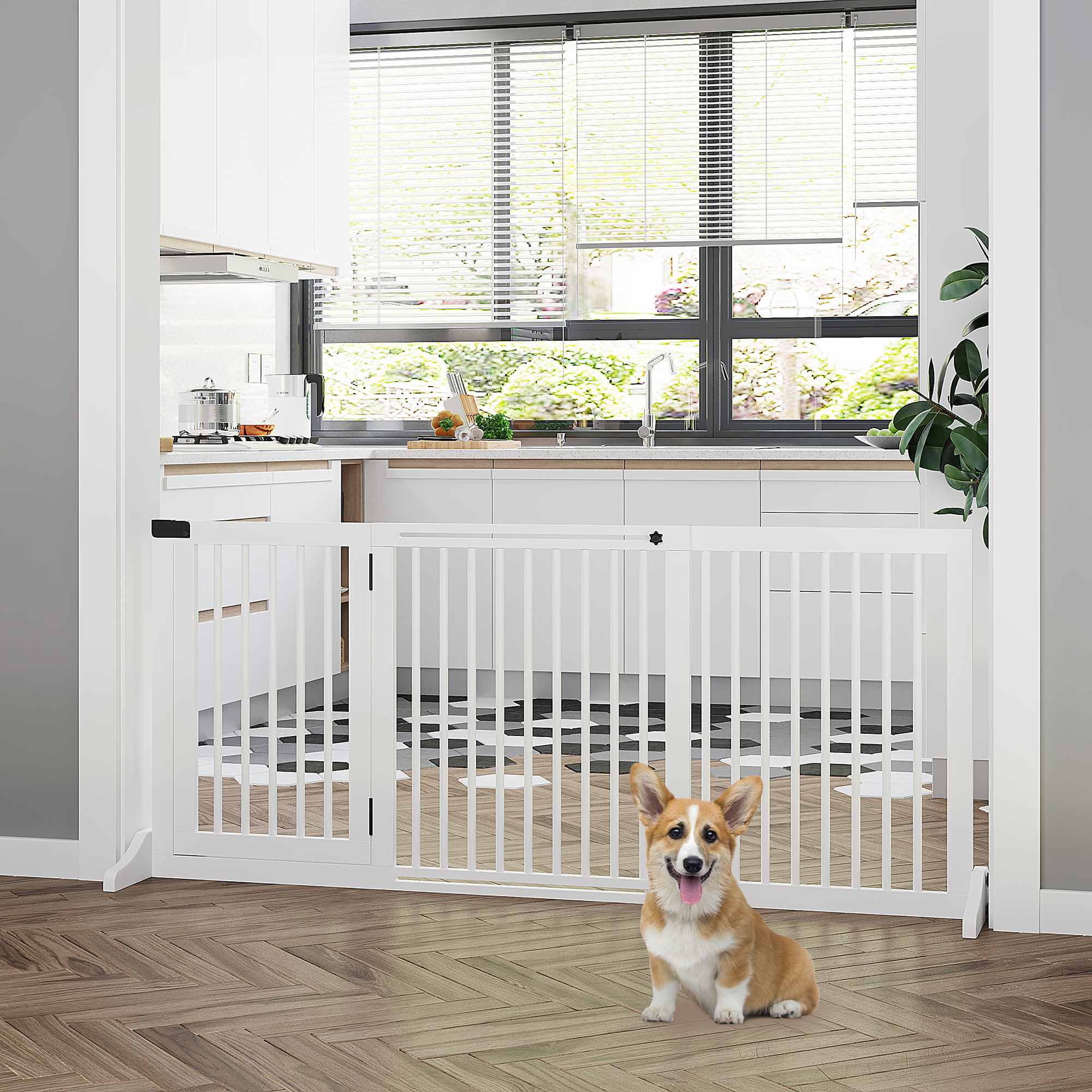 PawHut Adjustable Wooden Pet Gate: Freestanding, Lockable Door, for Dogs/Cats, 3 Panels, White | Aosom Canada