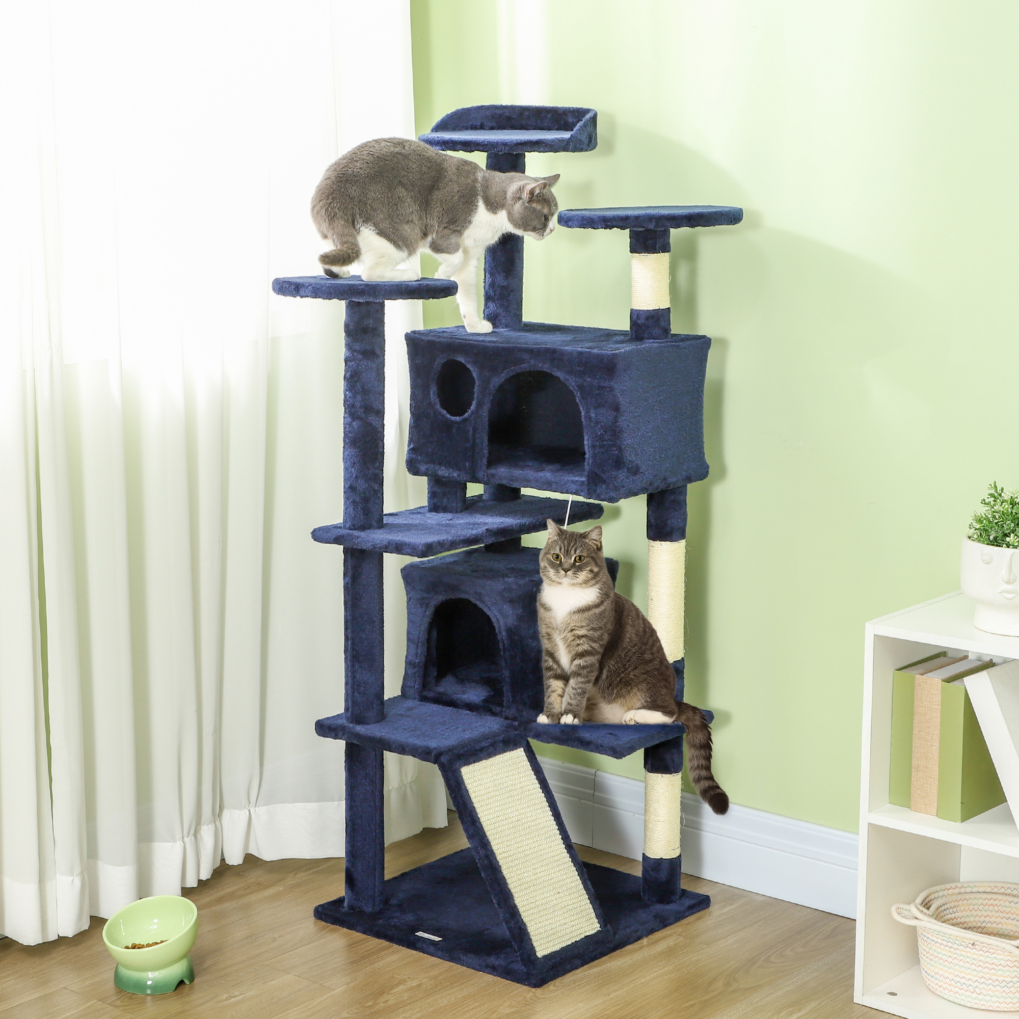 PawHut 54" Cat Tree, Multi-Level Cat Tower with Scratching Posts, Cat Condos, Bed, Platforms, Ramp, Toy Ball, Dark Blue Aosom Canada