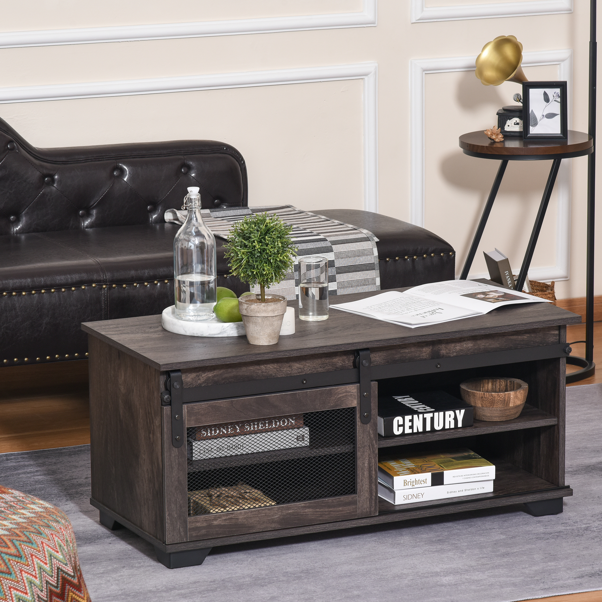 HOMCOM Coffee Table Farmhouse Dark Brown Sliding Mesh Barn Door Storage Living Room | Aosom.com 4