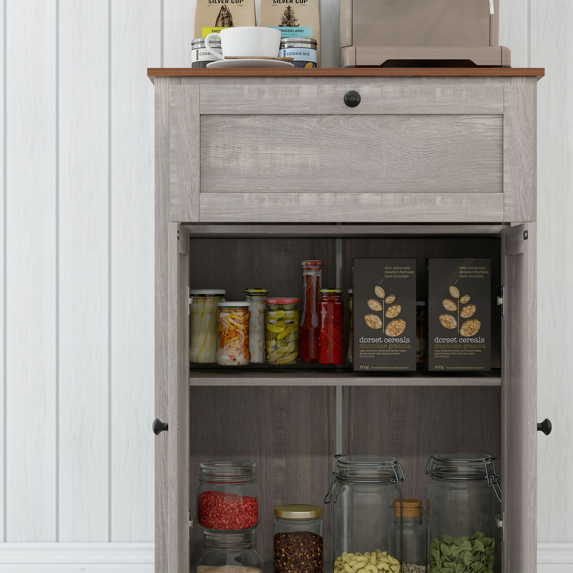 HOMCOM Farmhouse Sideboard Storage Cabinet with Doors and Drawer for Kitchen, Living room, 23.5"x11.75"x34.5", Light Gray 5