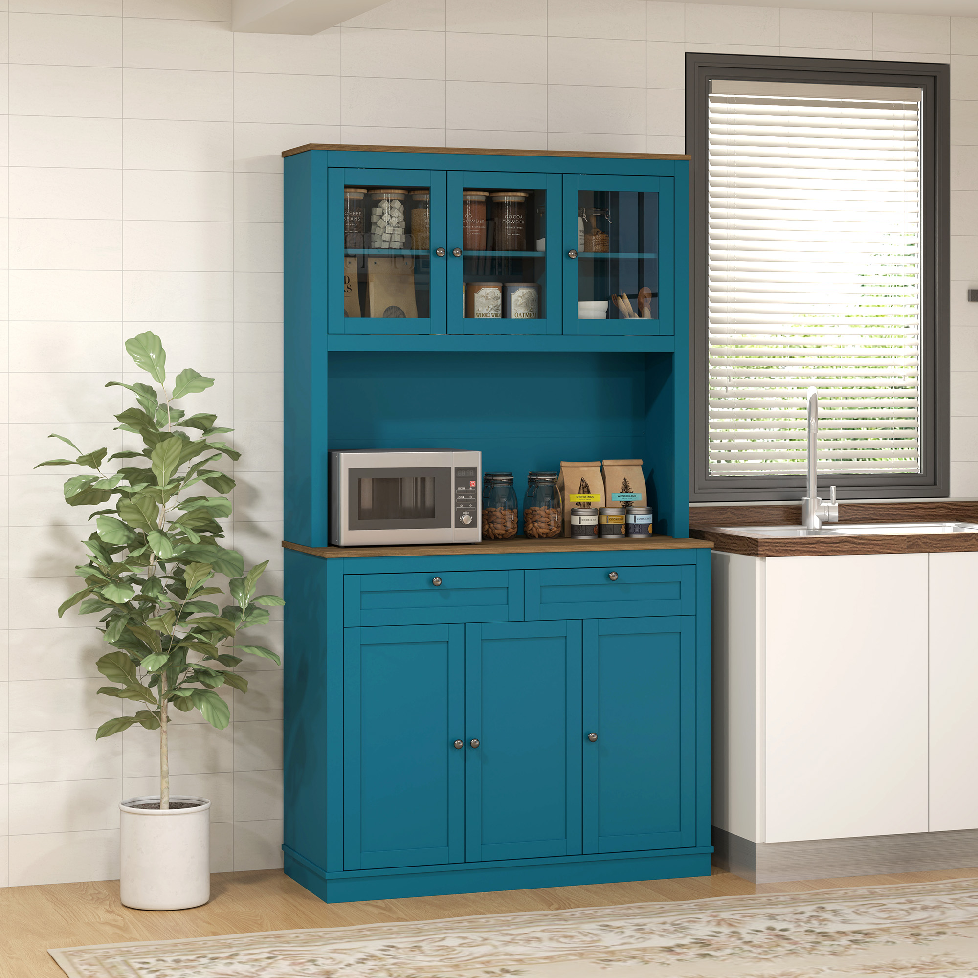 HOMCOM 71" Pantry Cabinet with Microwave Space, Buffet with Hutch, 2 Drawers, Adjustable Shelves and Glass Doors, Navy Blue Aosom Canada