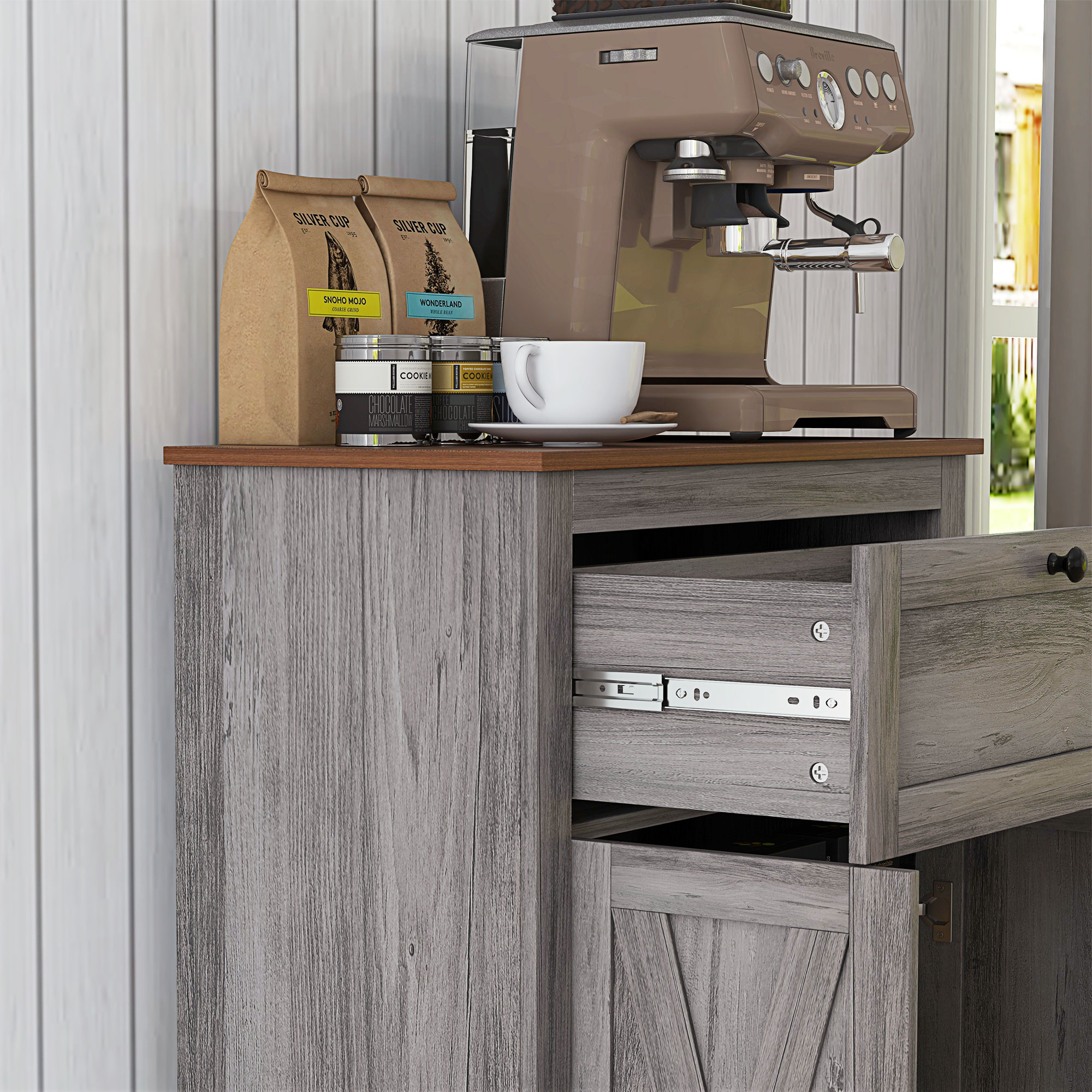 HOMCOM Farmhouse Sideboard Cabinet with Doors and Drawer for Kitchen, Living room, 23.5"x11.75"x34.5", Gray | Aosom.com 6