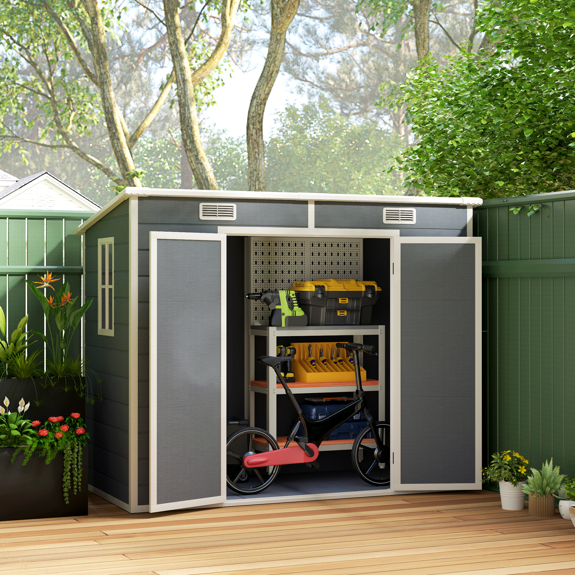8x4 FT Outdoor Storage Shed, Resin Garden Shed With Thick Floor, Plastic Storage Shed With 2 Windows, Waterproof Outside Tool Shed With Lockable Hinged Doors For Backyard, Patio, Lawn, Light Gray