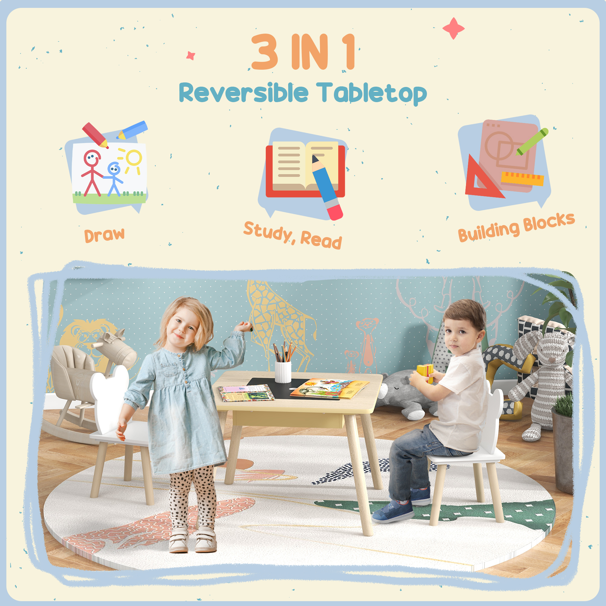 Qaba 3 Piece Kids Table and Chair Set with Convertible Desk with Storage, 3 in 1 Toddler Table and Chair Set for Nursery | Aosom.com 2