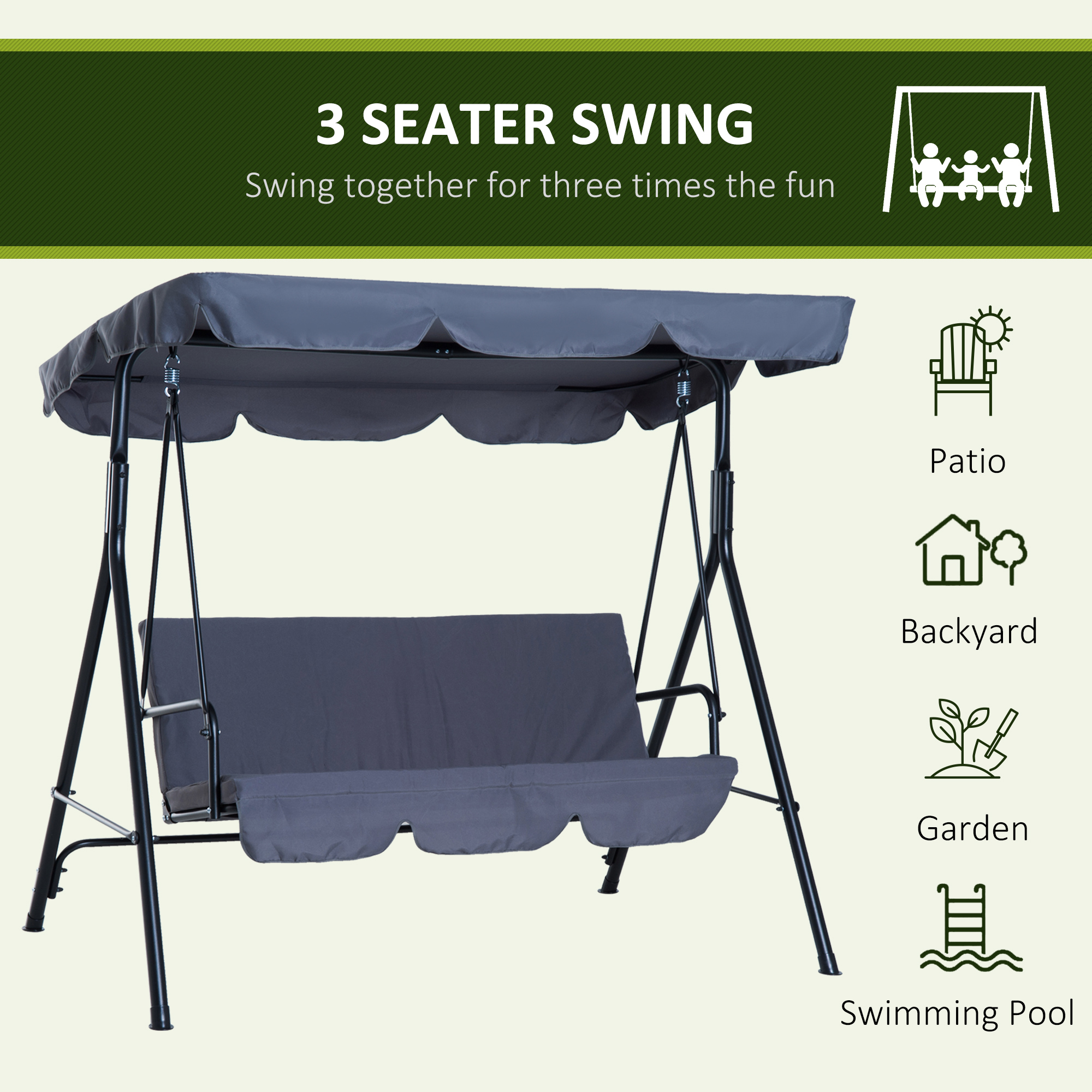 Outsunny 3-Seat Outdoor Patio Swing Chair with Removable Cushion Outsunny 3-Seat Outdoor Patio Swing Chair with Removable Cushion