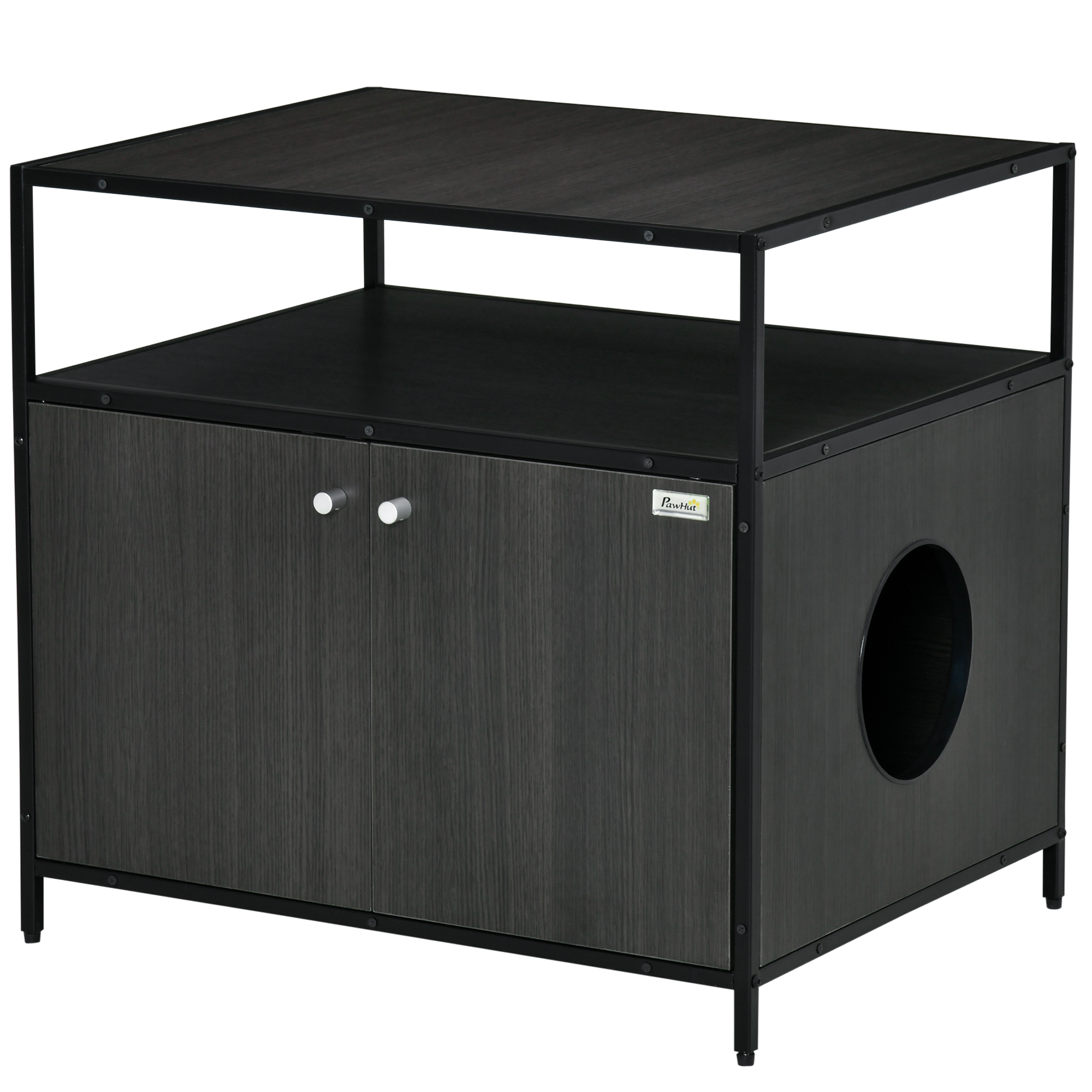 PawHut Cat Litter Box Enclosure Hidden Furniture Cabinet Double-door Nightstand with Cat Hole Storage Shelf Black | Aosom.com