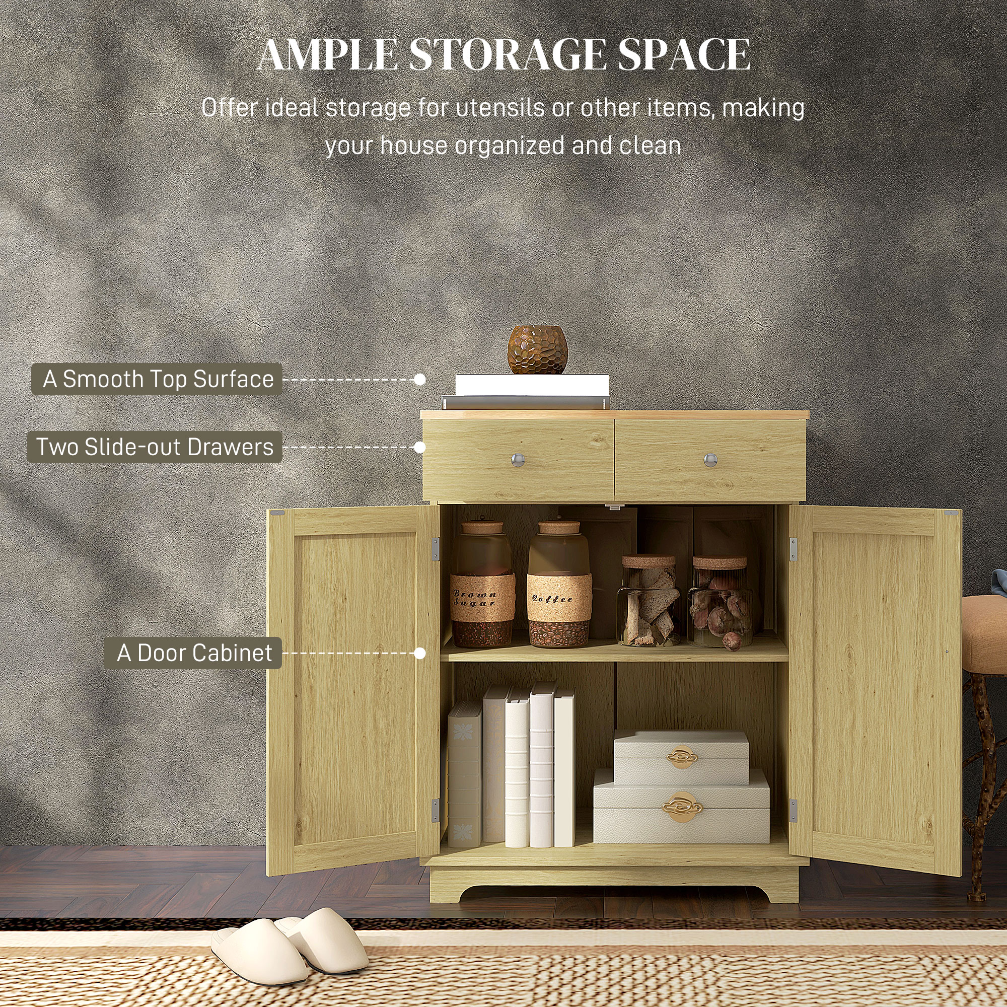 HOMCOM Kitchen Storage Cabinet, Sideboard Floor Cupboard with Solid Wood Top, Adjustable Shelf, and 2 Drawers, Natural | Aosom.com 2