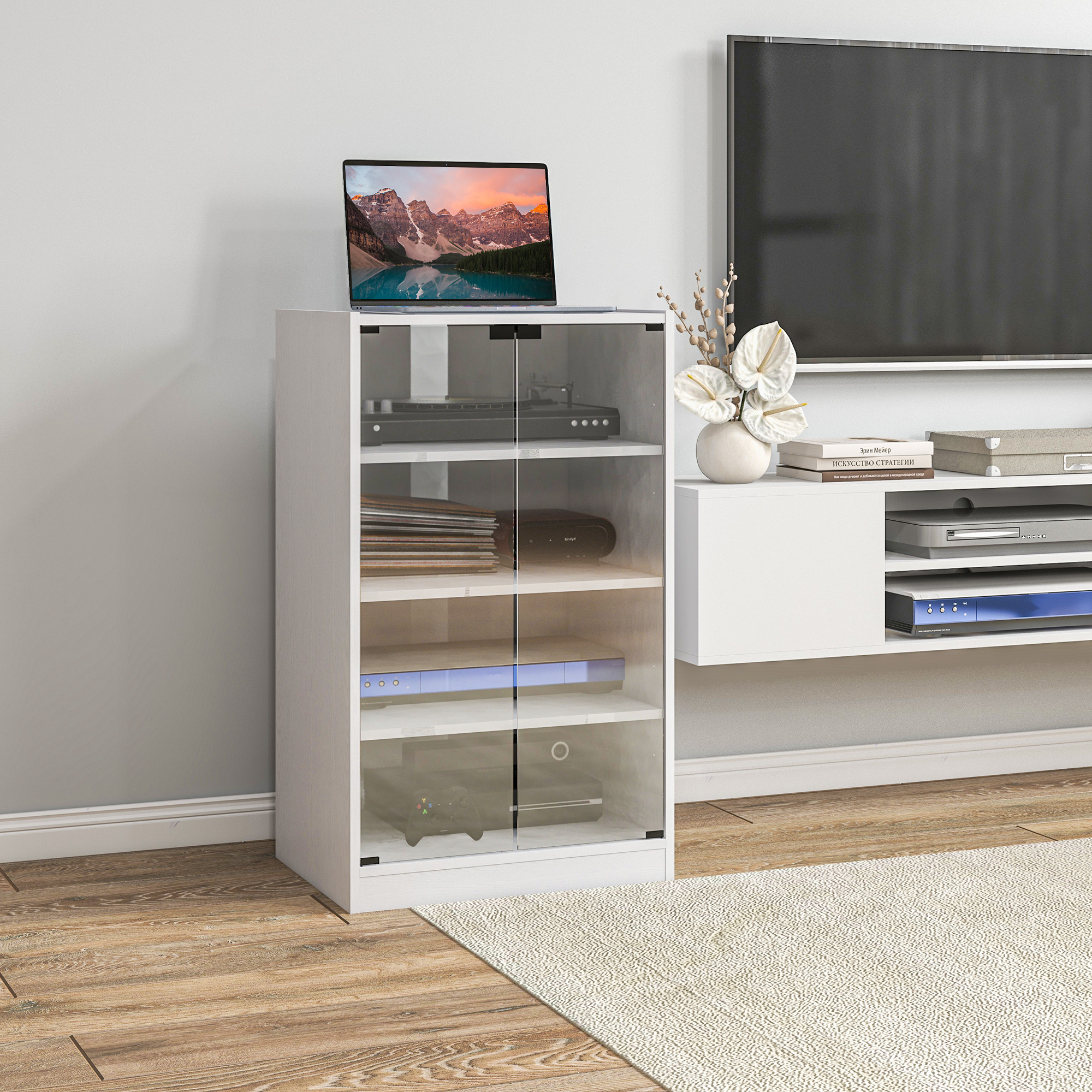 HOMCOM Distressed White Media Stand: 5-Tier with Adjustable Shelves, Tempered Glass & Cable Management Aosom Canada