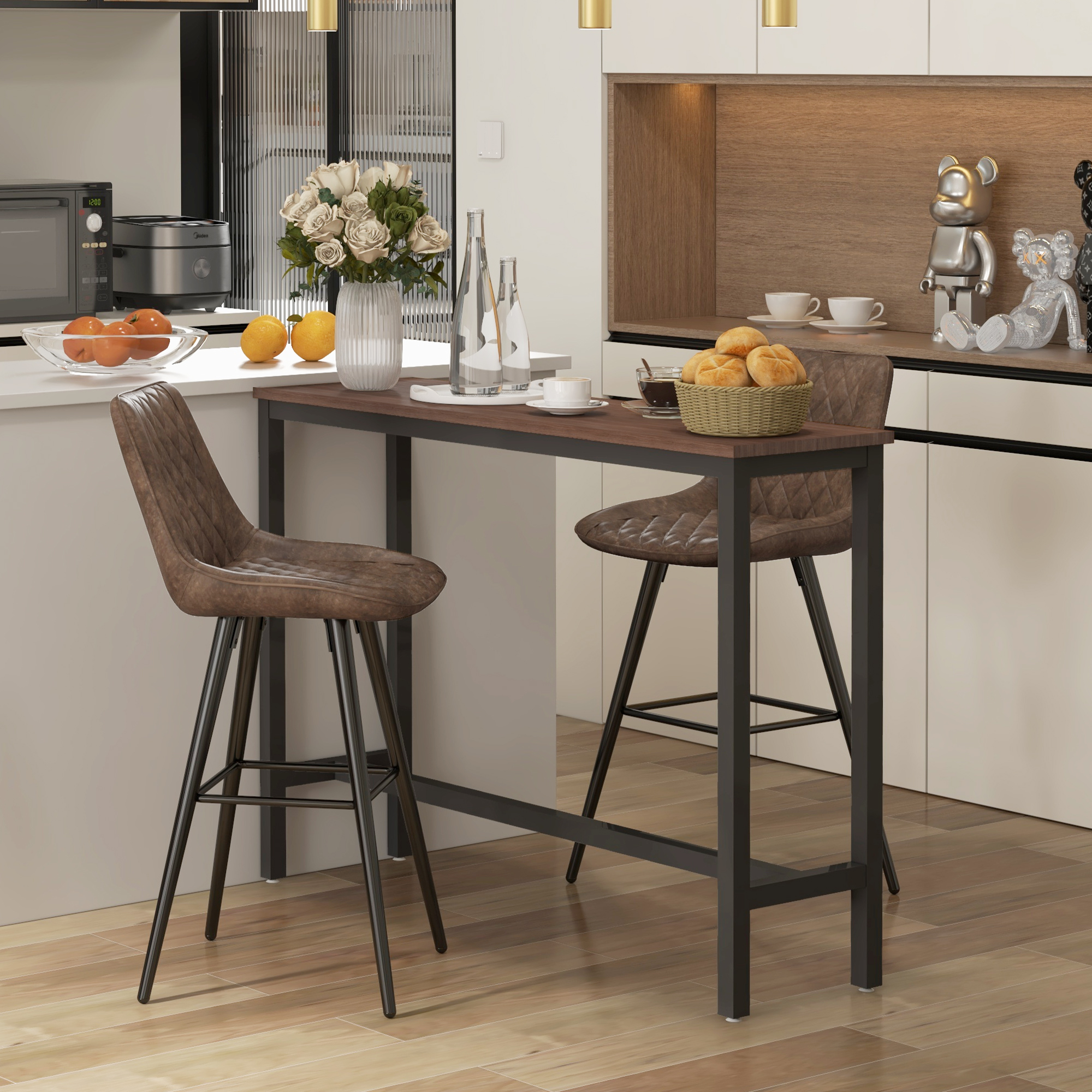 B＋COM ONE HOMCOM Bar Stools Set of 2, PU Leather Counter Height Bar