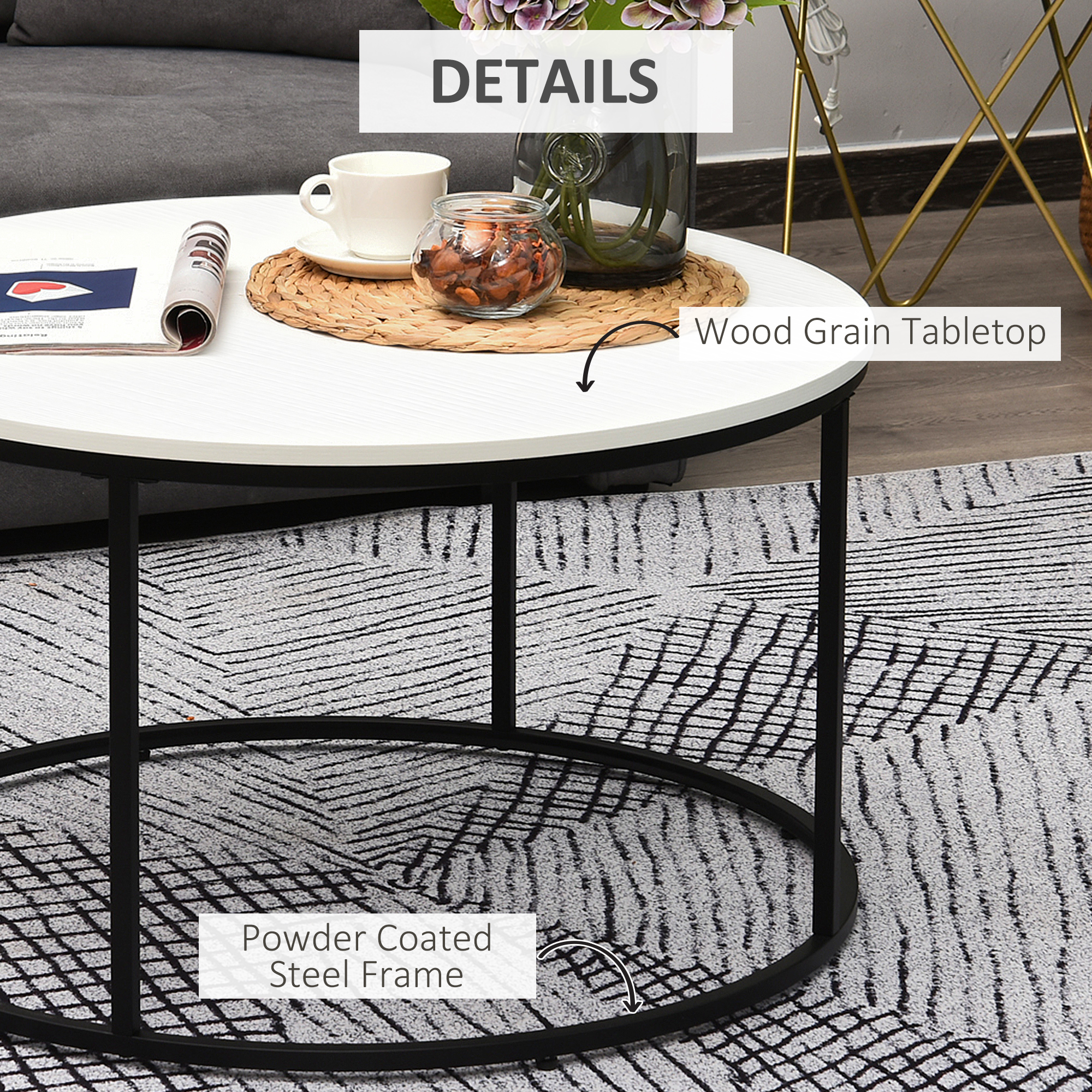 HOMCOM Minimalist Living: 32 White Round Coffee Table with Black Metal Frame | Aosom.com 4
