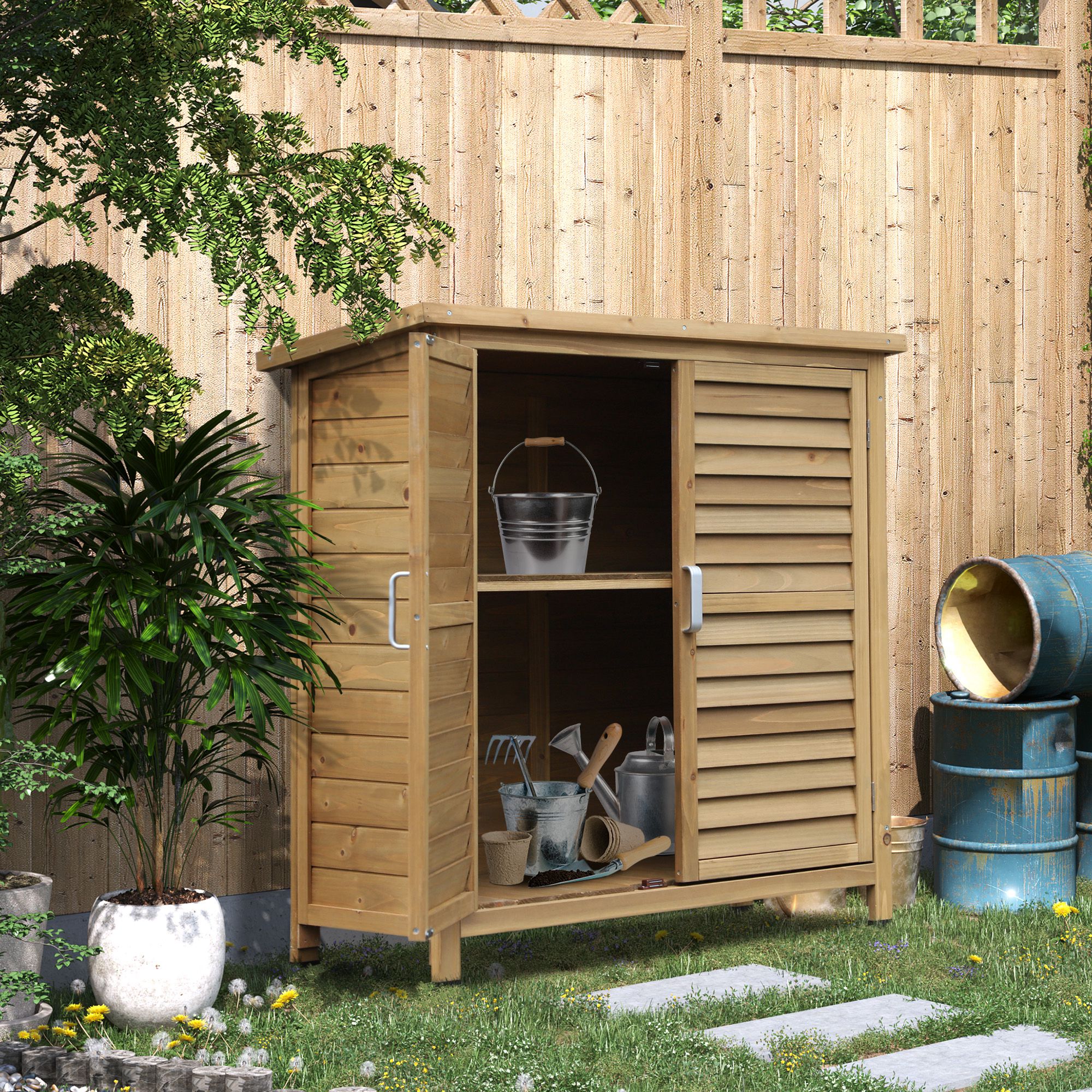 Outsunny Solid Fir Wood Garden Shed - 2 Door Wooden Storage Cabinet for Tools, 34"x18"x38", Natural Finish Aosom Canada