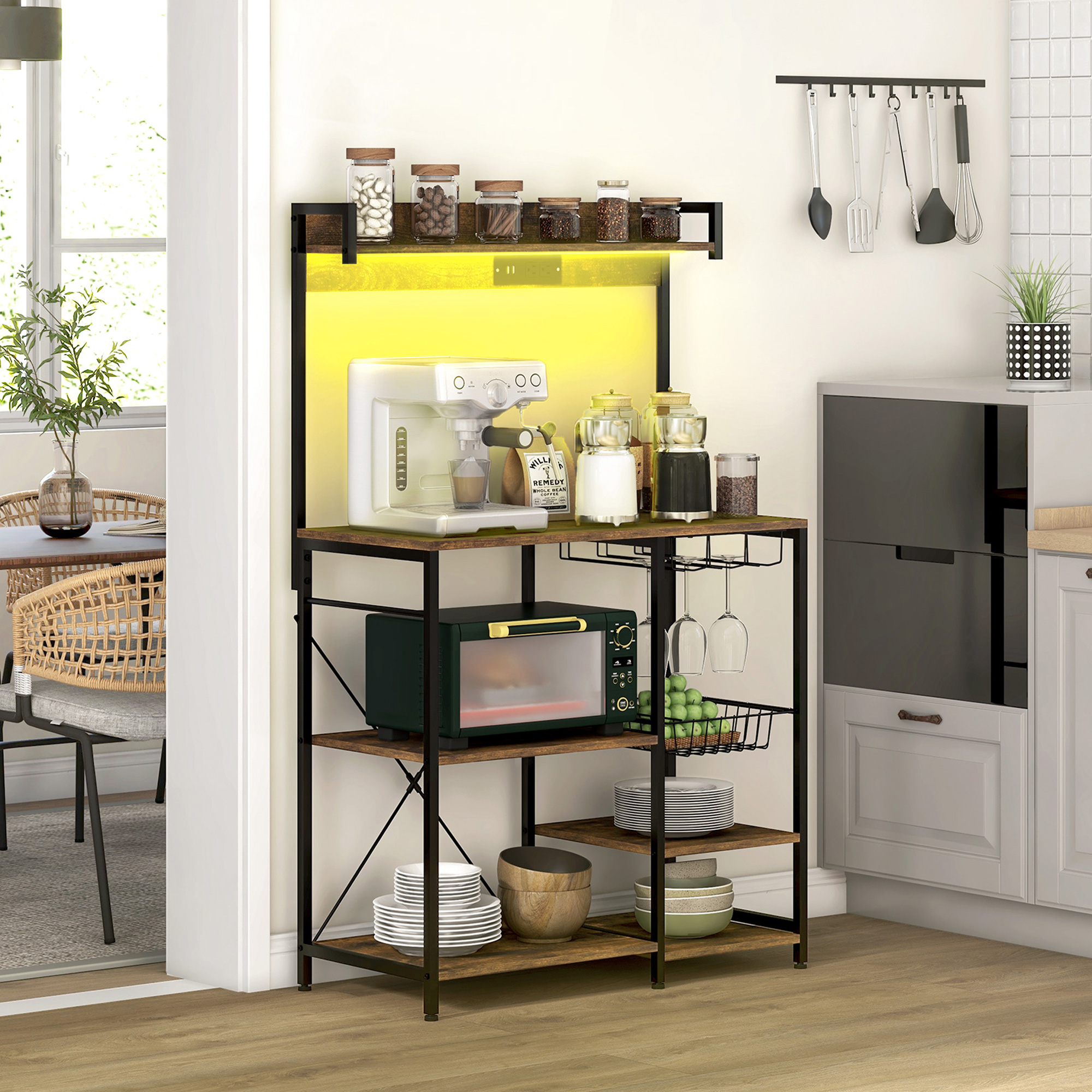 HOMCOM Industrial Rustic Brown Kitchen Baker's Rack with Charging Station, RGB Lights, Glass Holders & Open Shelves | Aosom.com 0