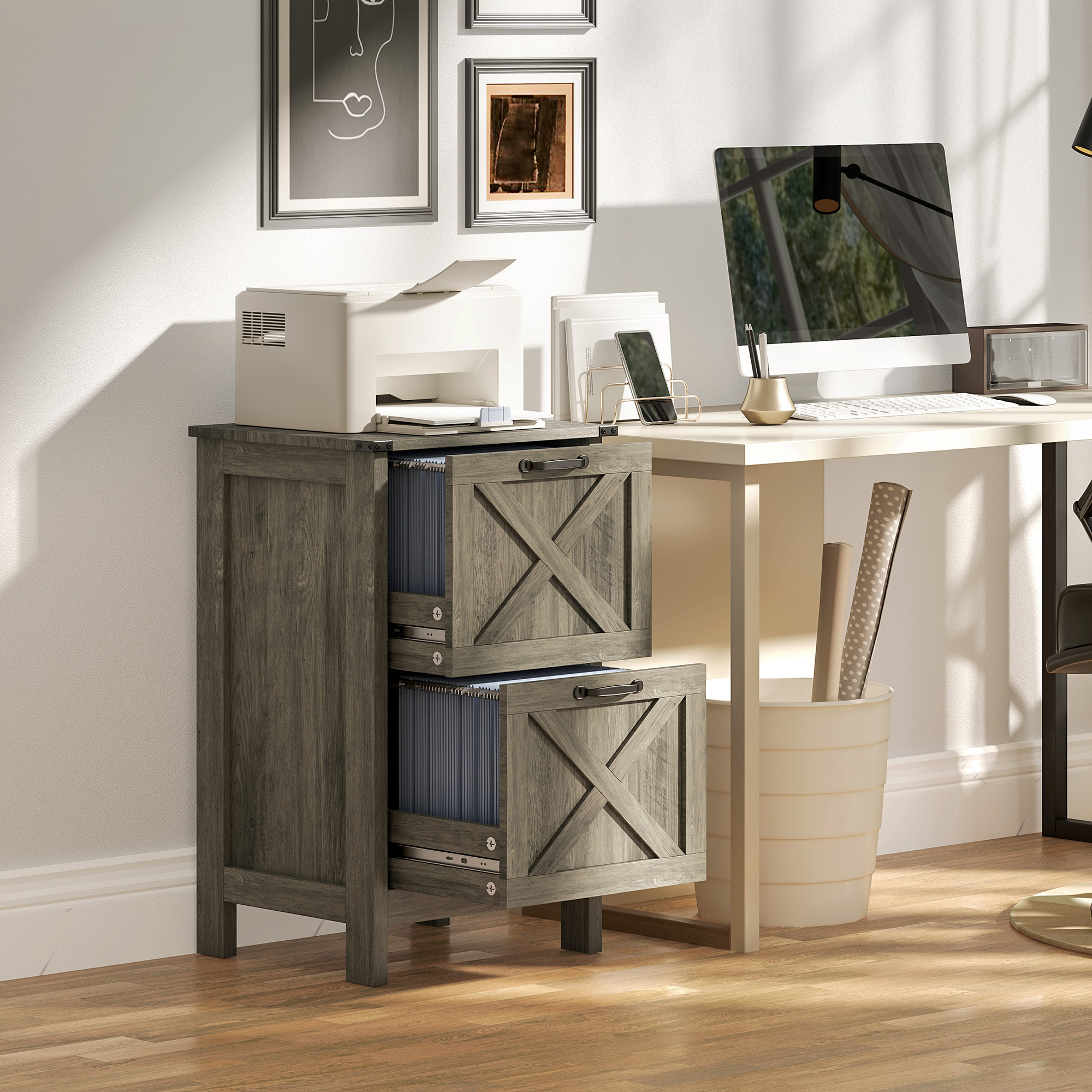 HOMCOM Vertical Filing Cabinet with 2 Drawers, Rustic Farmhouse Office Storage Cabinet for A4, Letter Size, Grey Wash | Aosom Canada