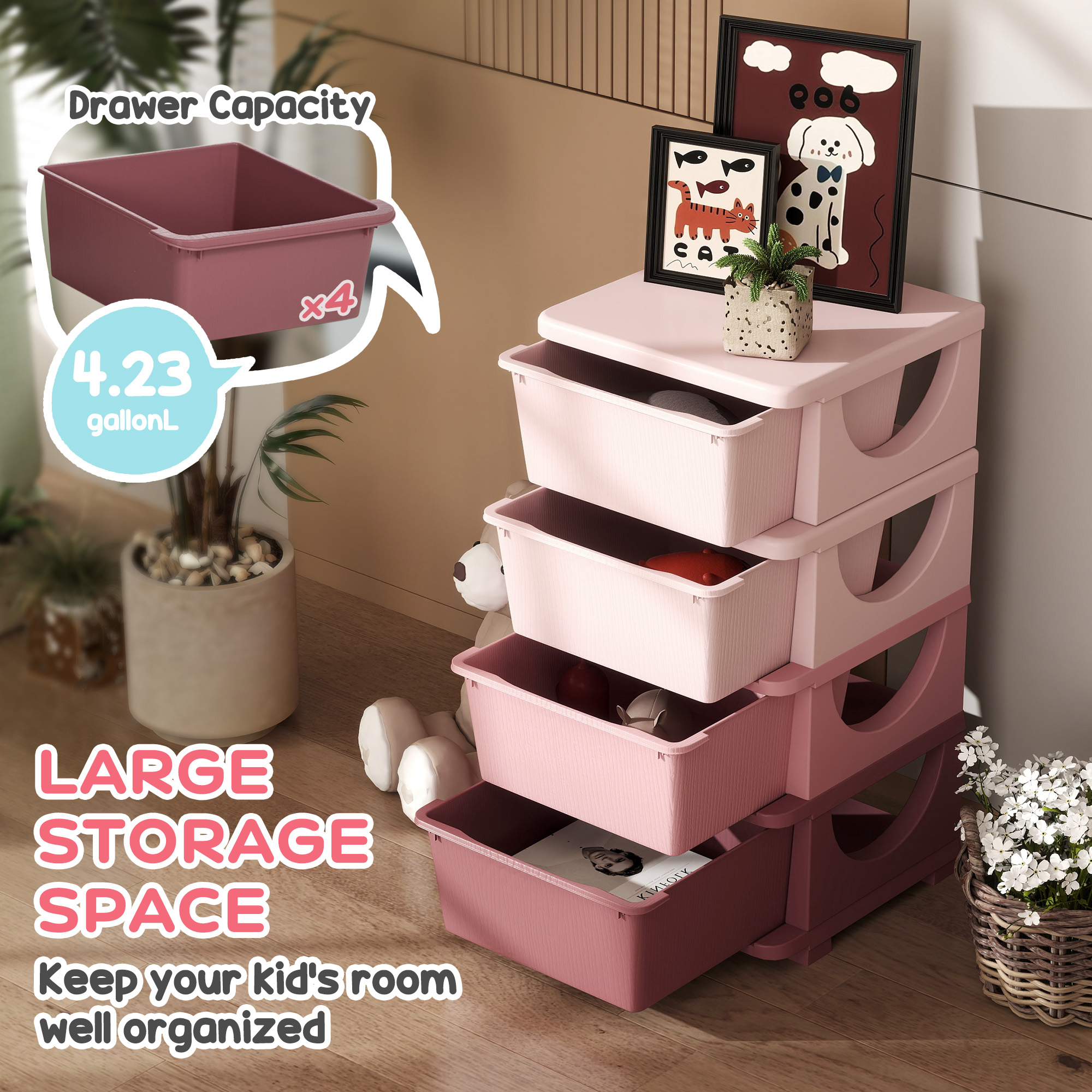 Qaba 30" 4 Tier Kids Storage Unit Dresser Tower w/ 4 Drawers, Pink 2