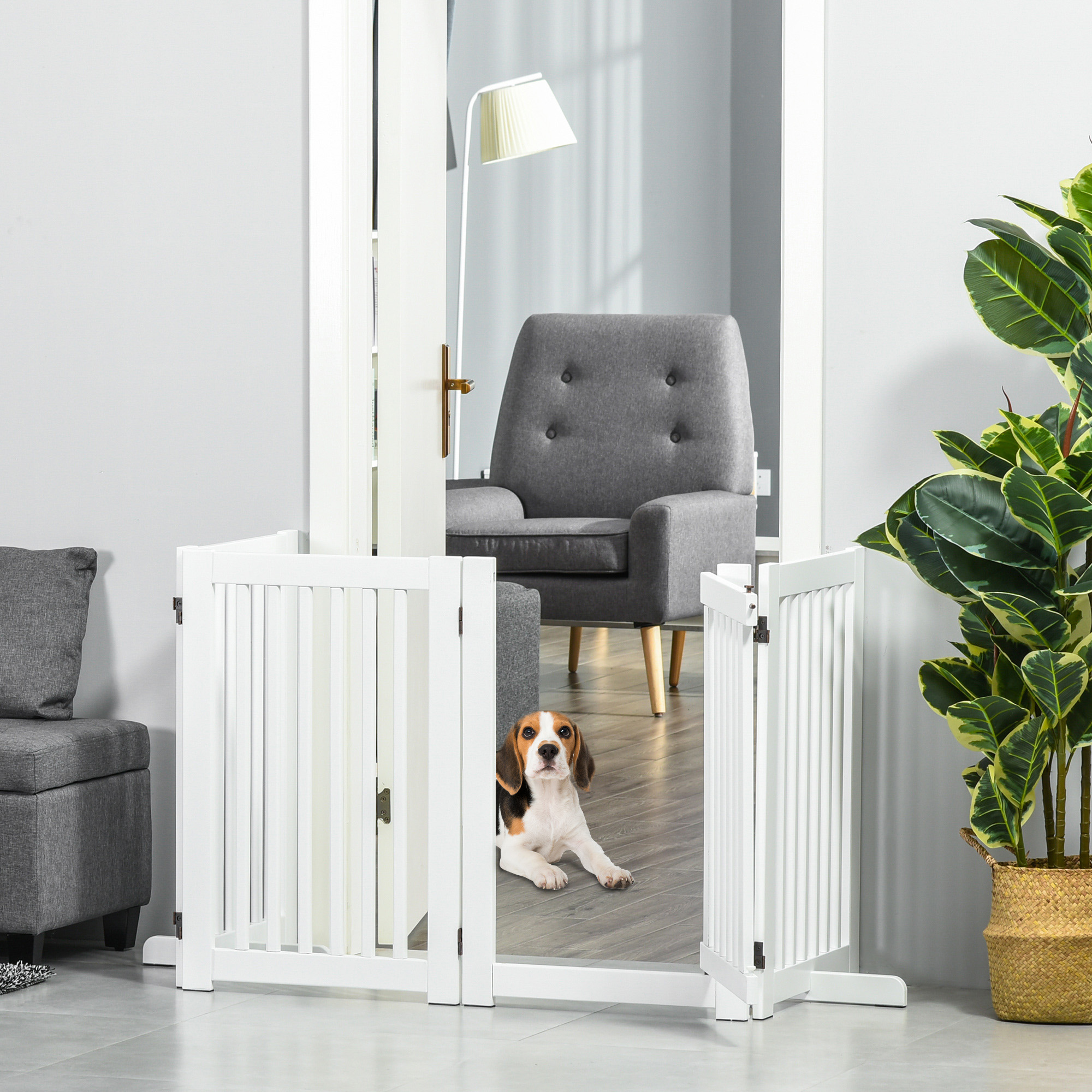 PawHut Freestanding Wooden Pet Gate: Z-Shaped 4 Panel Design with Door for Indoor Doorway Barriers Aosom Canada