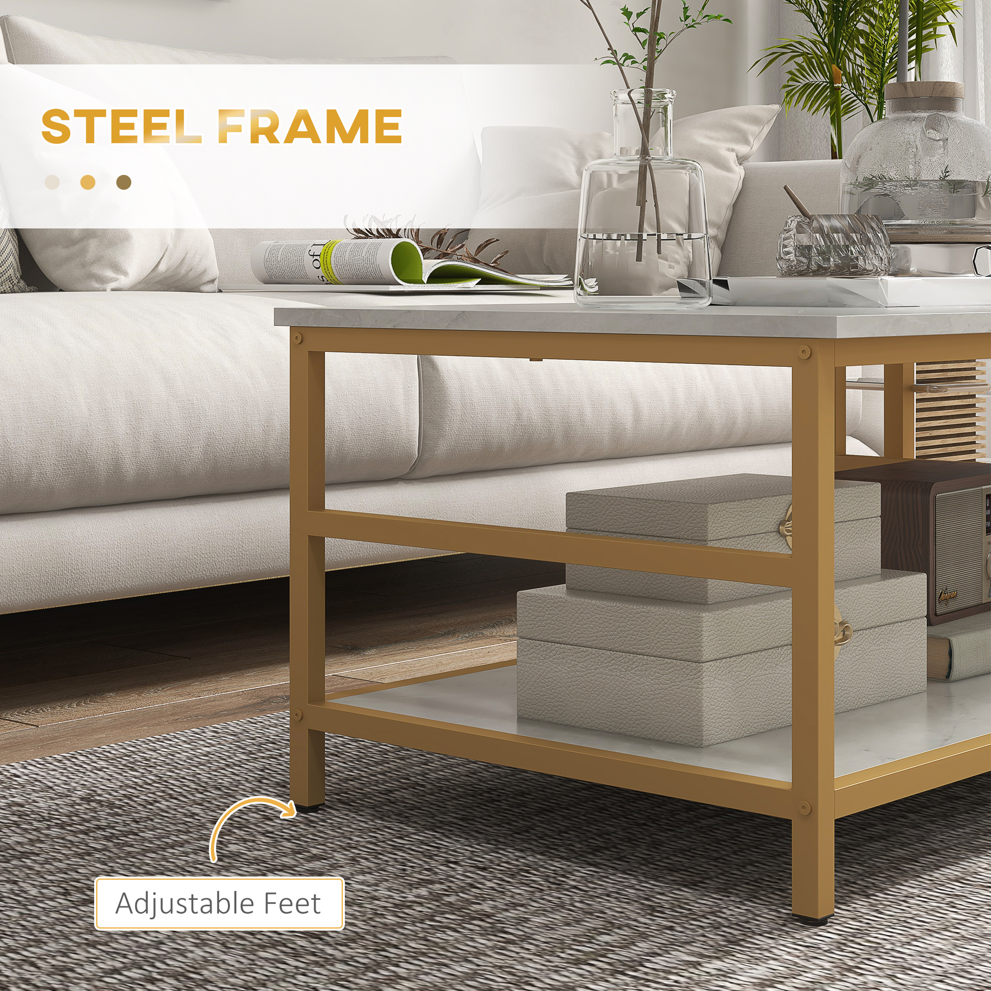 HOMCOM Coffee Tables Sets of 2, Rectangle and Round Coffee Table with Storage Shelves, Faux Marble Top, Living Room Table Set, White 5