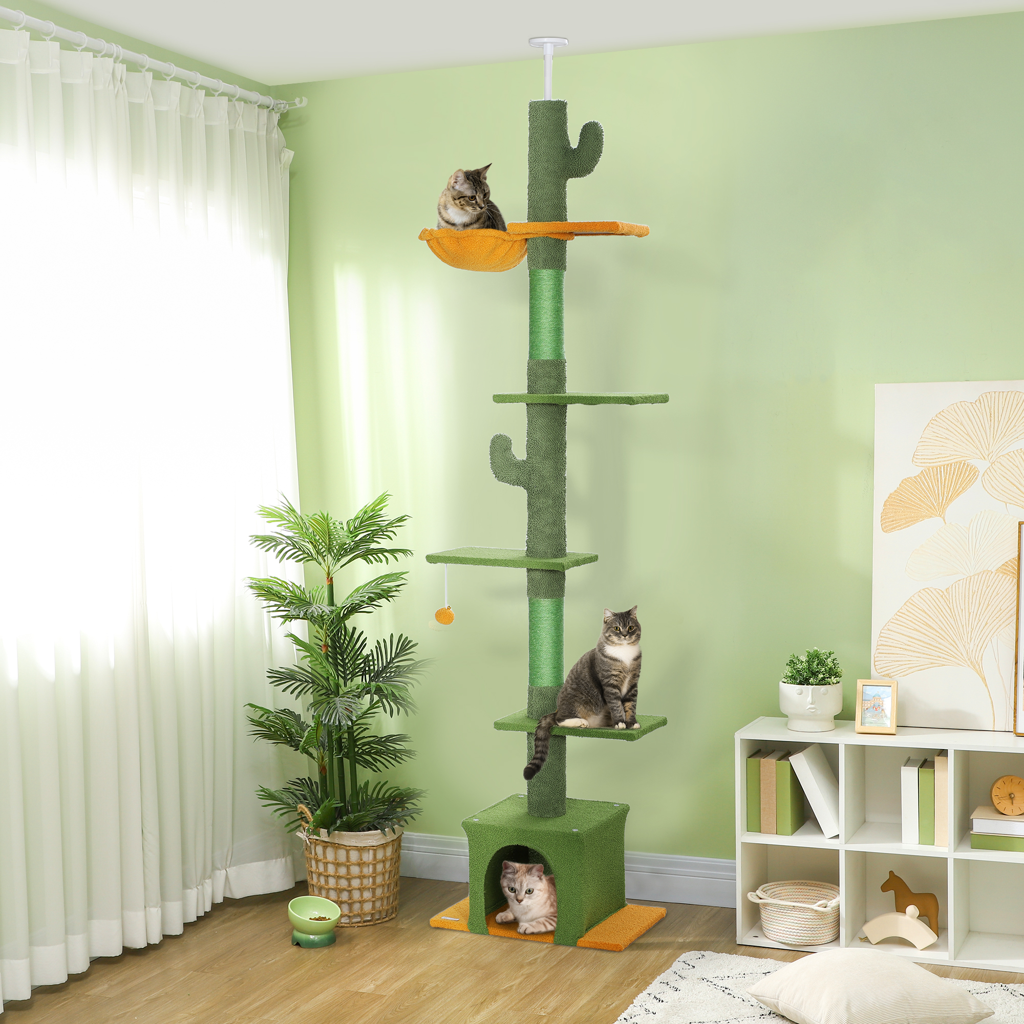 PawHut Floor to Ceiling Cat TreeTower with 90.5"-108" Adjustable Height, Scratching Posts, Hammock, Comdo, Toy Ball, Green Aosom Canada