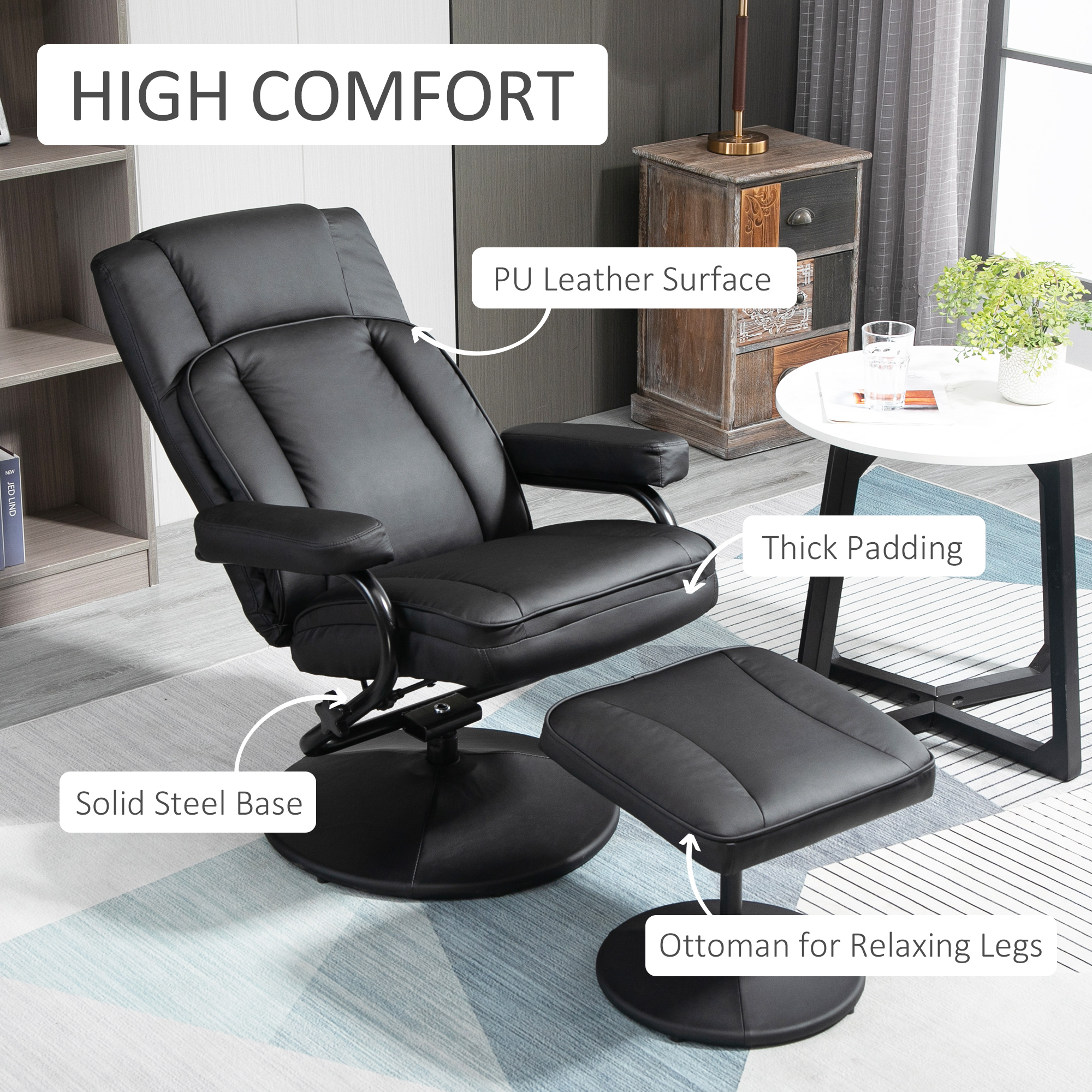 HOMCOM Swivel Recliner Black Manual PU Leather Armchair with Ottoman for Living Room Office Bedroom | Aosom.com 4