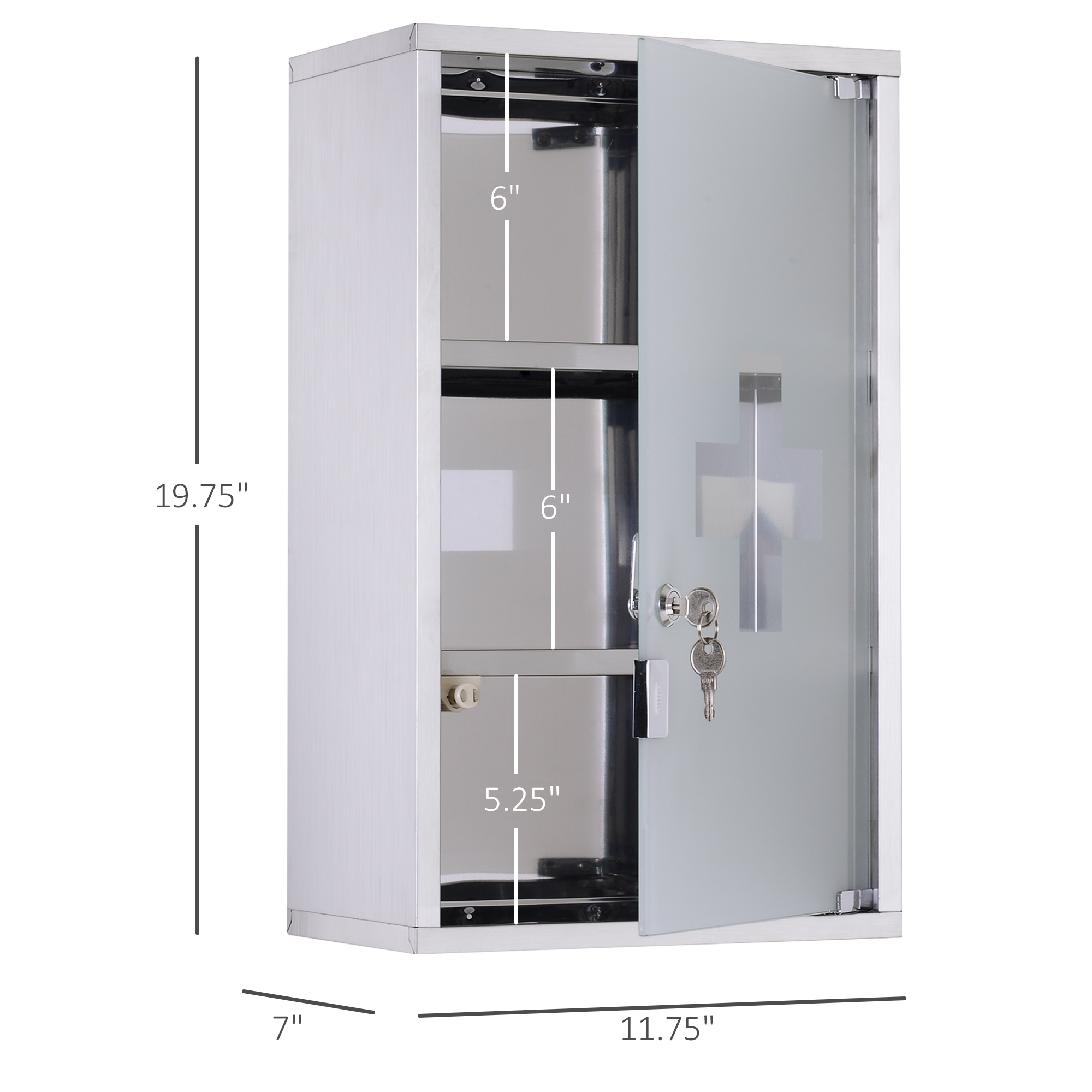HOMCOM Medicine Cabinet Lockable 12"x20", Stainless Steel, 3 Tier with Shelves for Bathroom Storage | Aosom.com 1