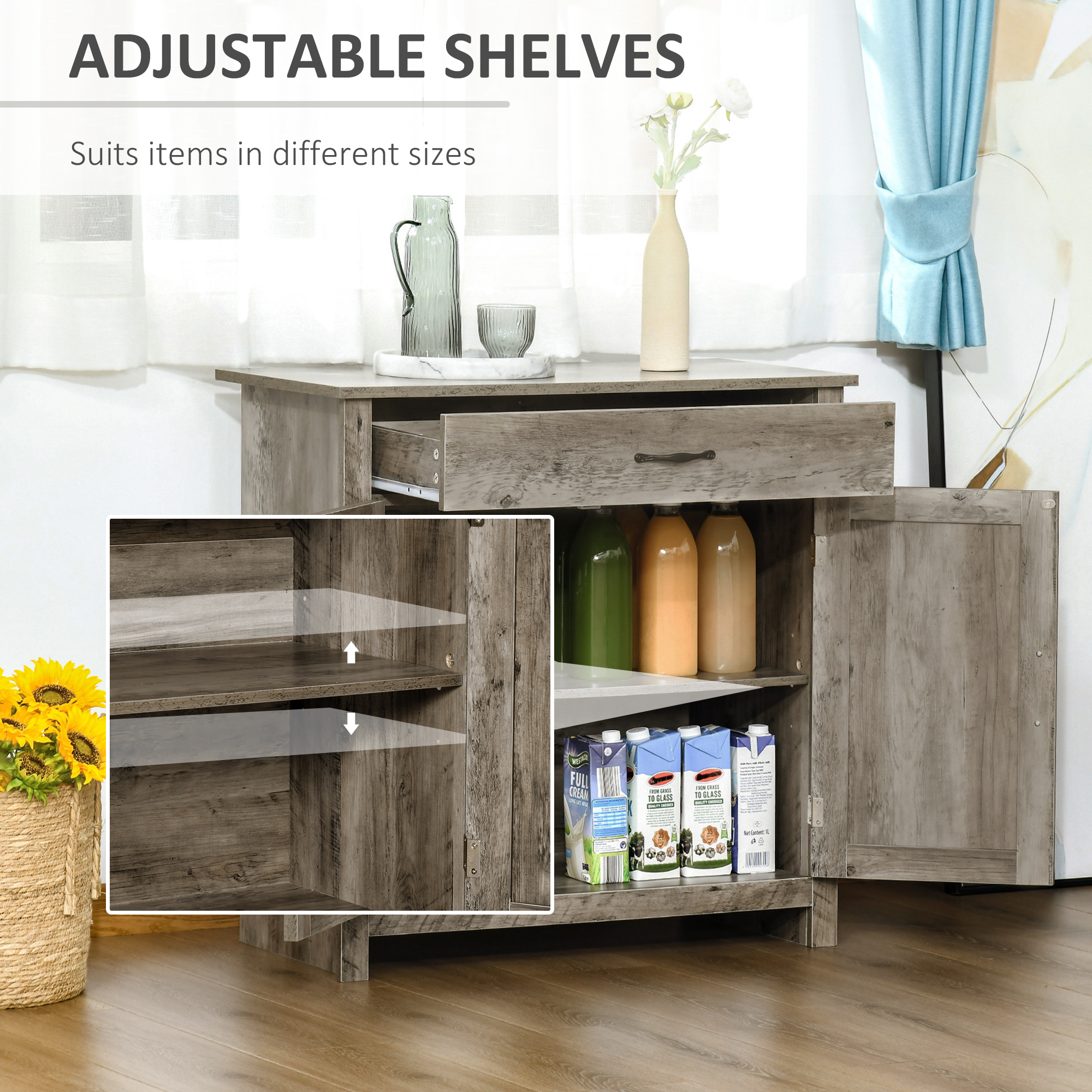 HOMCOM 32" Farmhouse Sideboard Buffet Cabinet, Barn Door Style Coffee Bar for Kitchen, Living Room or Entryway, Gray Wash 3