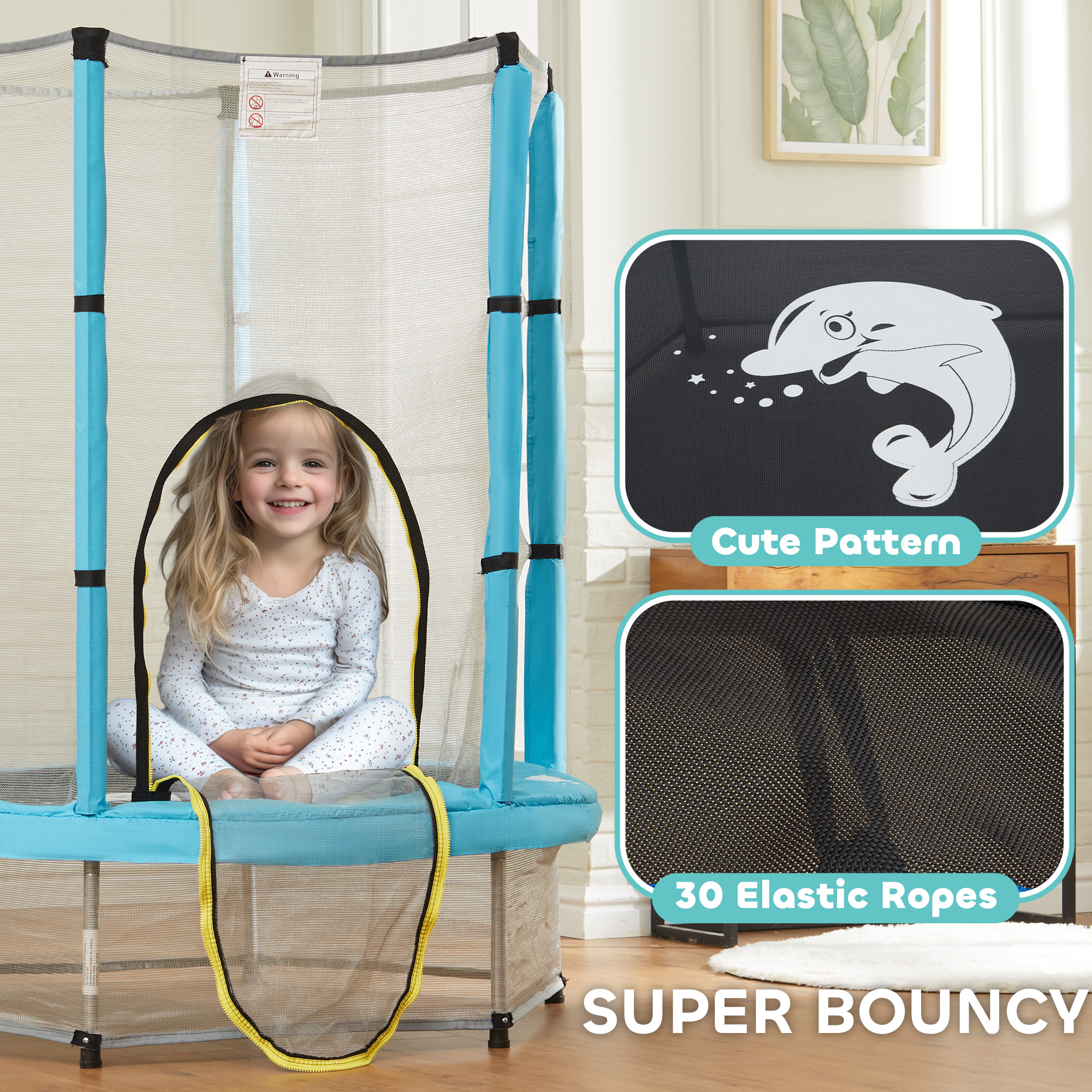 Qaba 4.6FT Toddler Trampoline w/ Safety Net, Recreational Trampoline for Indoor Outdoor, Dolphin Pattern, Light Blue 3