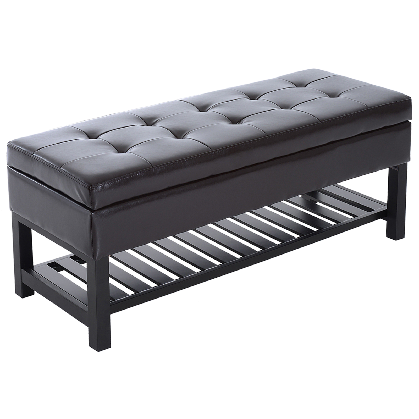 HOMCOM Ottoman Storage Bench 44 Inch Tufted Faux Leather with Shoe Rack Dark Brown | Aosom.com