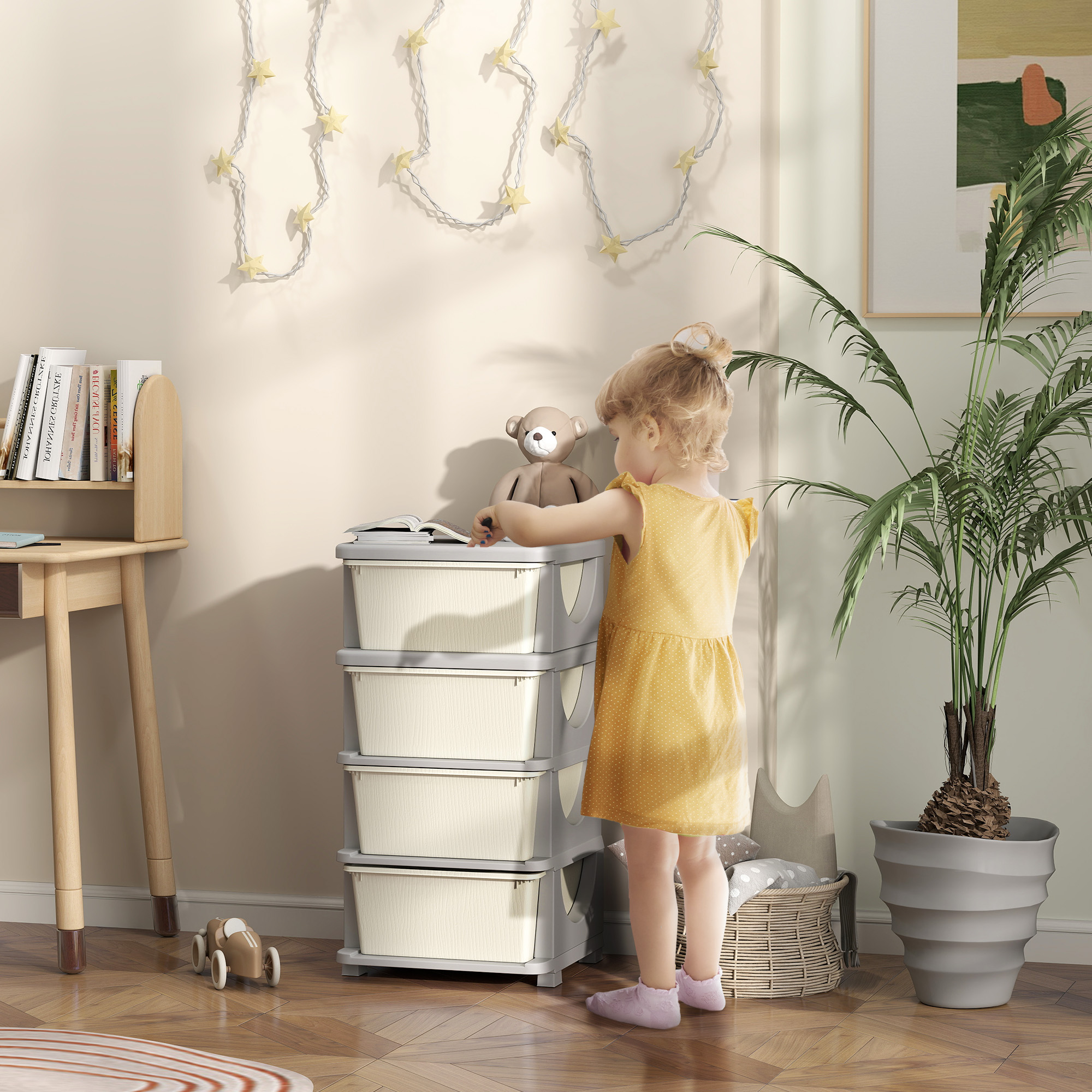 Qaba 30" 4 Tier Kids Storage Unit Dresser Tower w/ 4 Drawers, Cream White 0