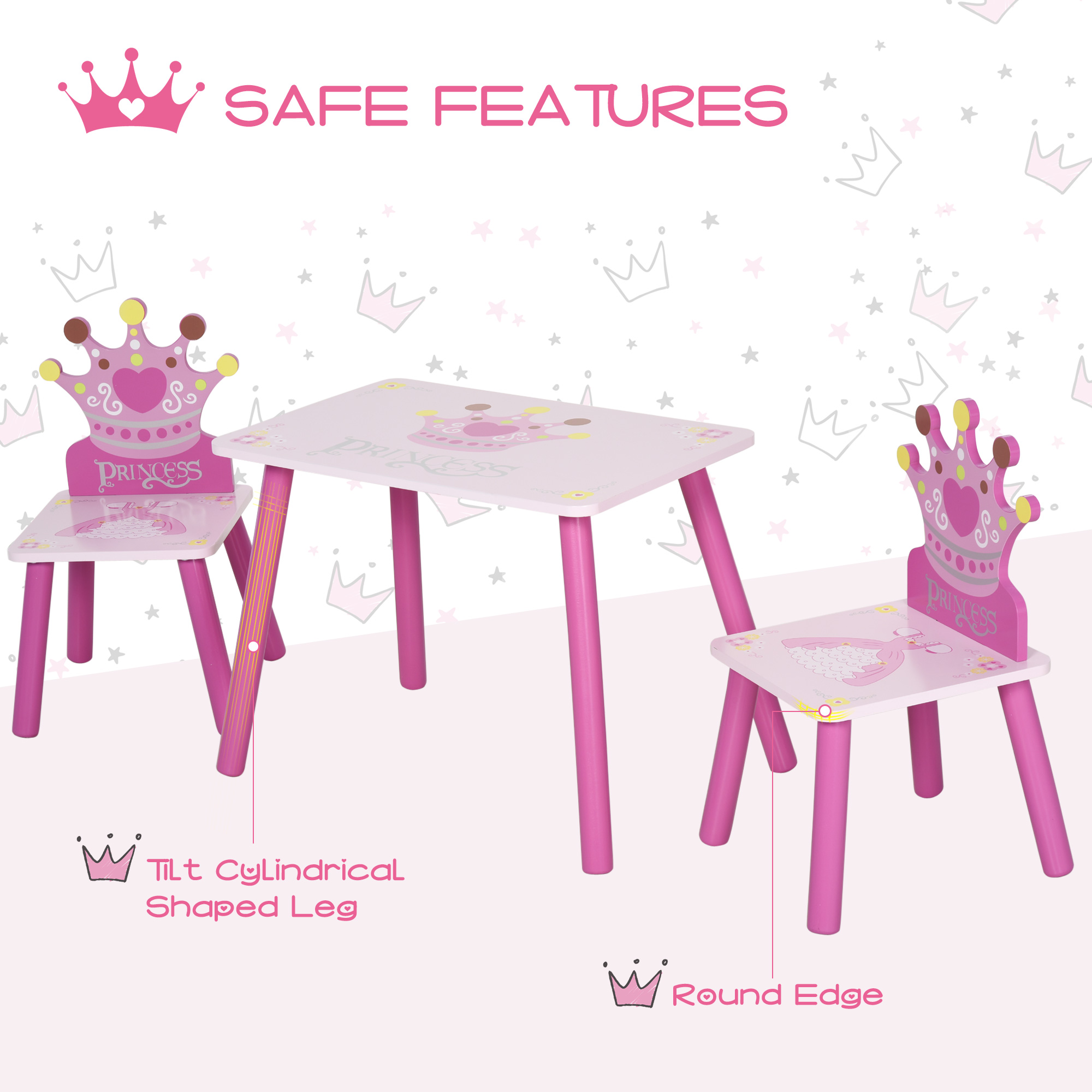 Qaba Kids Wood Table and Chair, 3-Piece Set with Crown Pattern, Charming Desk for Toddlers 3-8 Years, Princess-Themed Room, Pink| Aosom.com 2