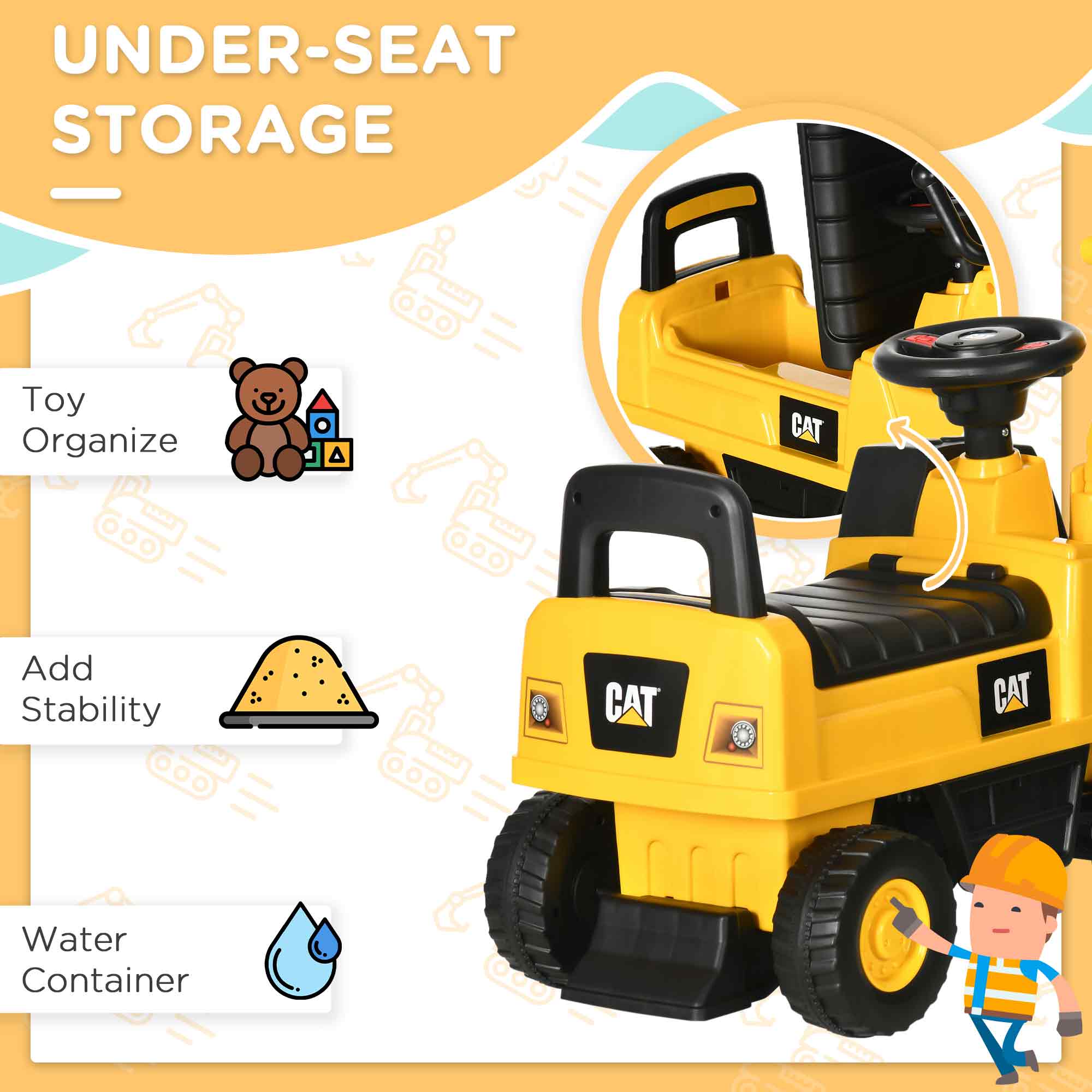 Aosom Kids Excavator Ride on Toy CAT Licensed with Manual Shovel