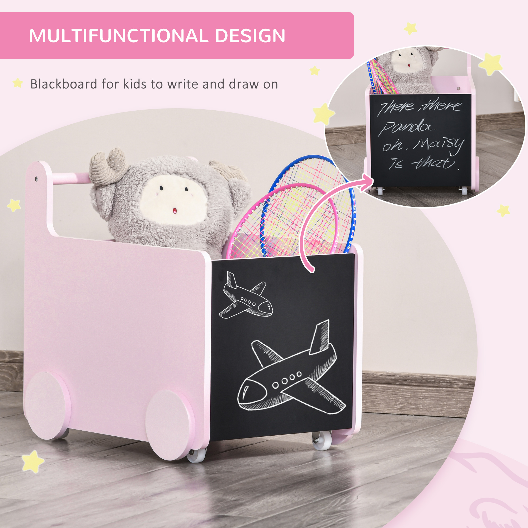 Qaba's Kids' Storage Cabinet, Organize Books, Toys, and Crafts, Safely Transport With Included Wheels, Pink 18.5"L x 13.75"W x 18"H 2