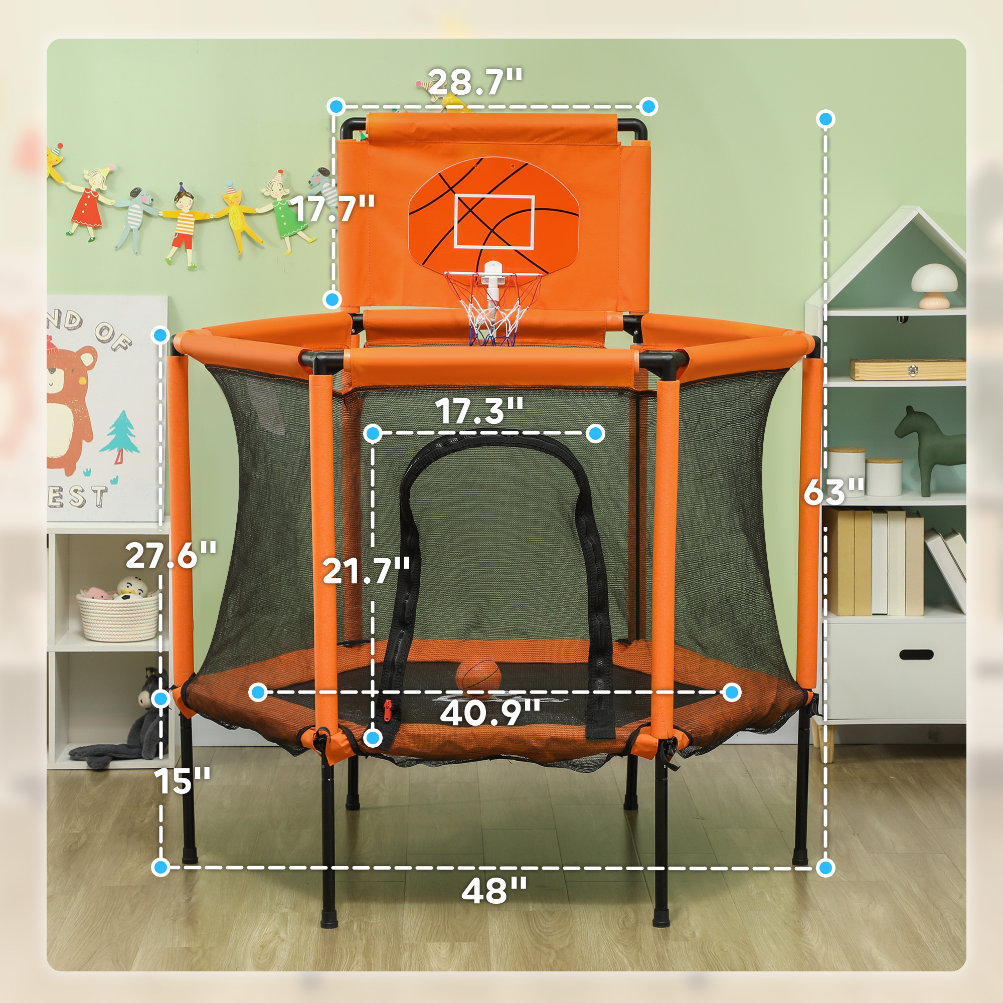 Qaba 48" Kids Trampoline  with Safety Enclosure Net, Basketball Hoop for Ages 3-6, Gifts for Boys & Girls, Orange 1