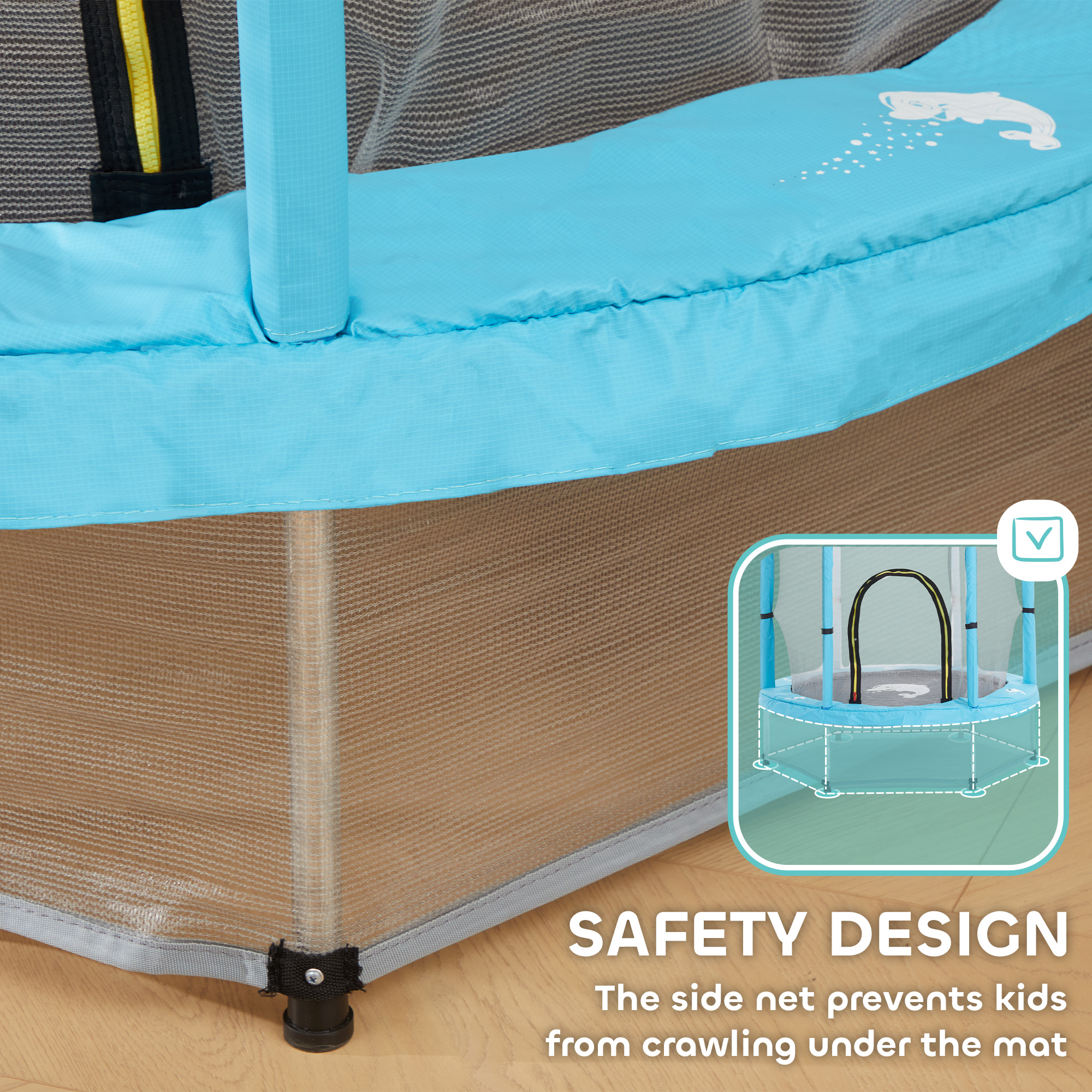 Qaba 4.6FT Toddler Trampoline w/ Safety Net, Recreational Trampoline for Indoor Outdoor, Dolphin Pattern, Light Blue 5
