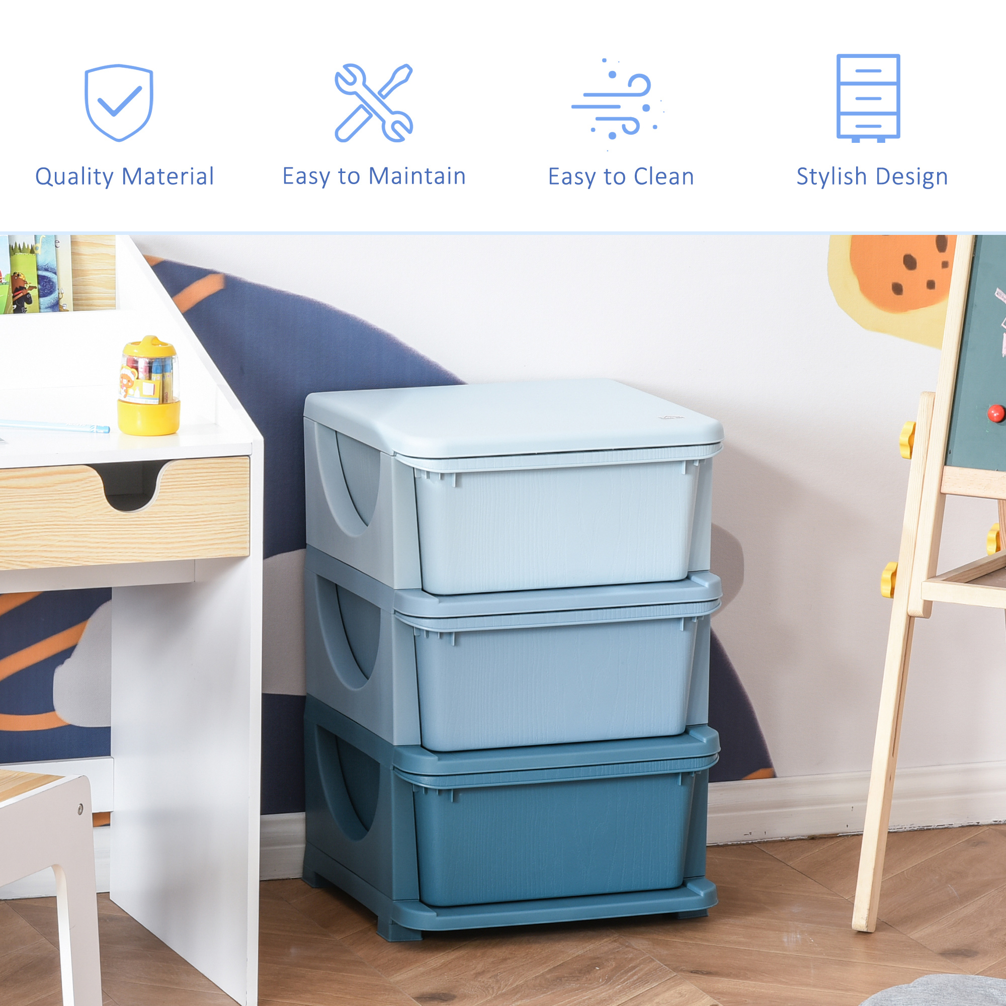 Qaba 3 Tier Kids Toy Storage Organizer with Drawers, Blue, Chest for Bedroom, Kindergarten, Living Room, for Boys and Girls | Aosom.com 2