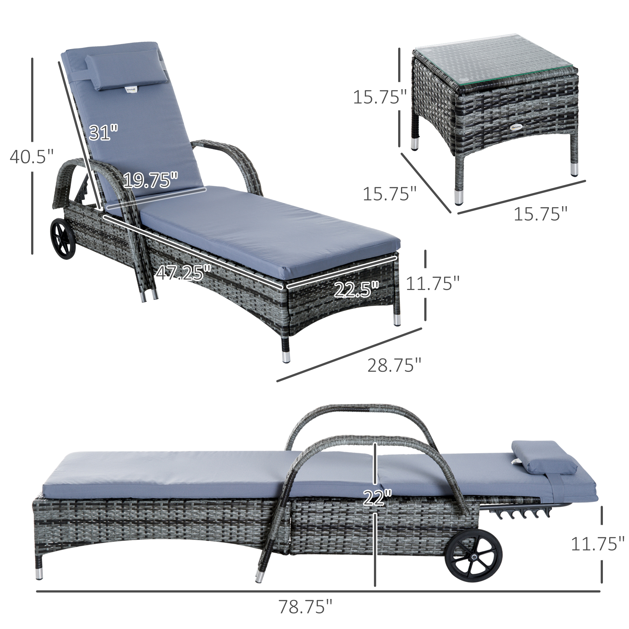 Outsunny 3 Pieces Patio Wicker Chaise Lounge Chair Set