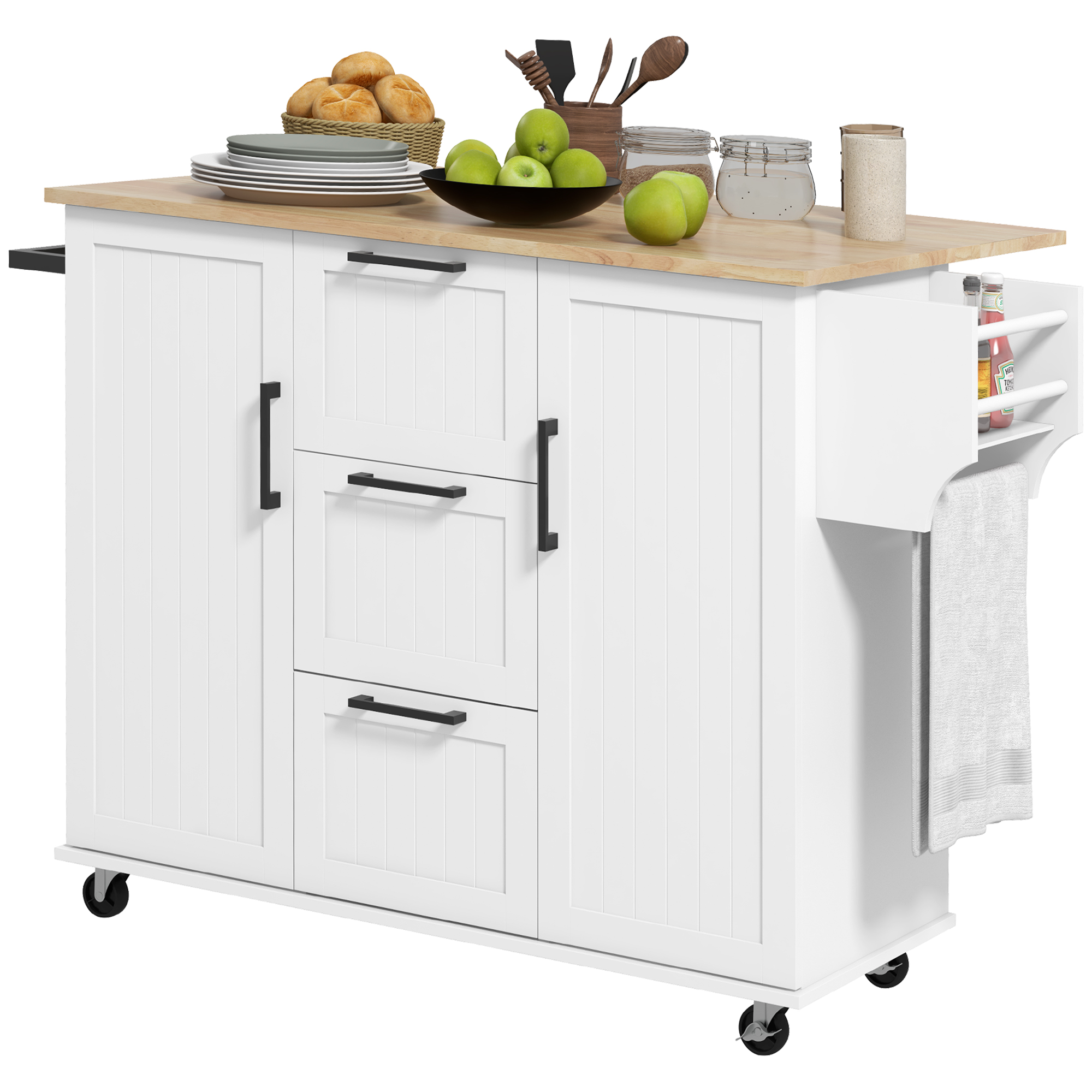 HOMCOM Kitchen Island with Drop Leaf, Rolling Cart on Wheels with 3 Drawers, 2 Cabinets, Natural Wood Top, Spice & Towel Rack, White
