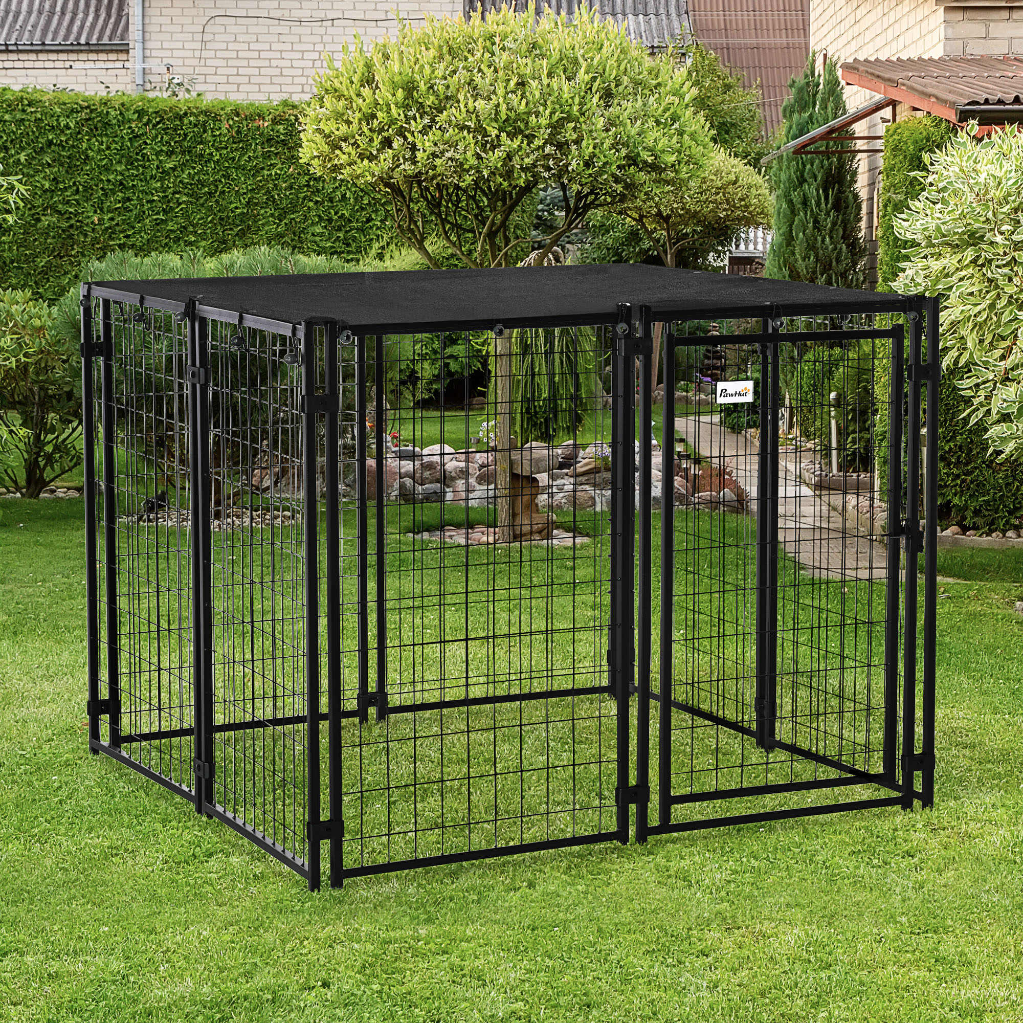Lockable Animal Playpen Crate with Top Cover, Outside Canine Kennel, Black 2