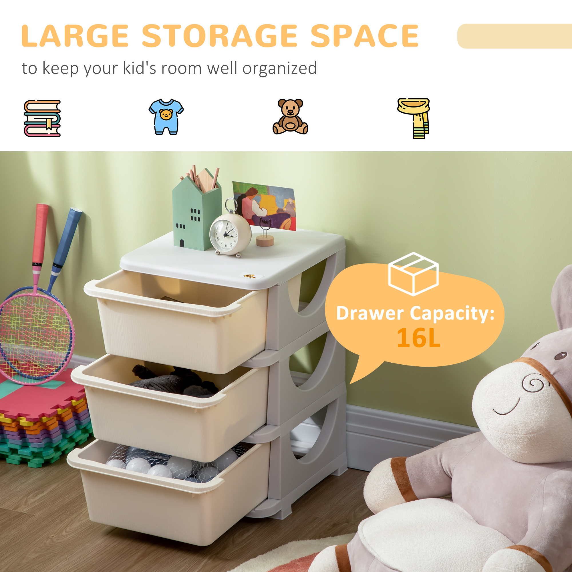 Qaba 3-Tier Toy Storage Organizer, Spacious Drawers Chest for Bedroom, Nursery, Living Room, Durable for Toddlers, Cream White | Aosom.com 2